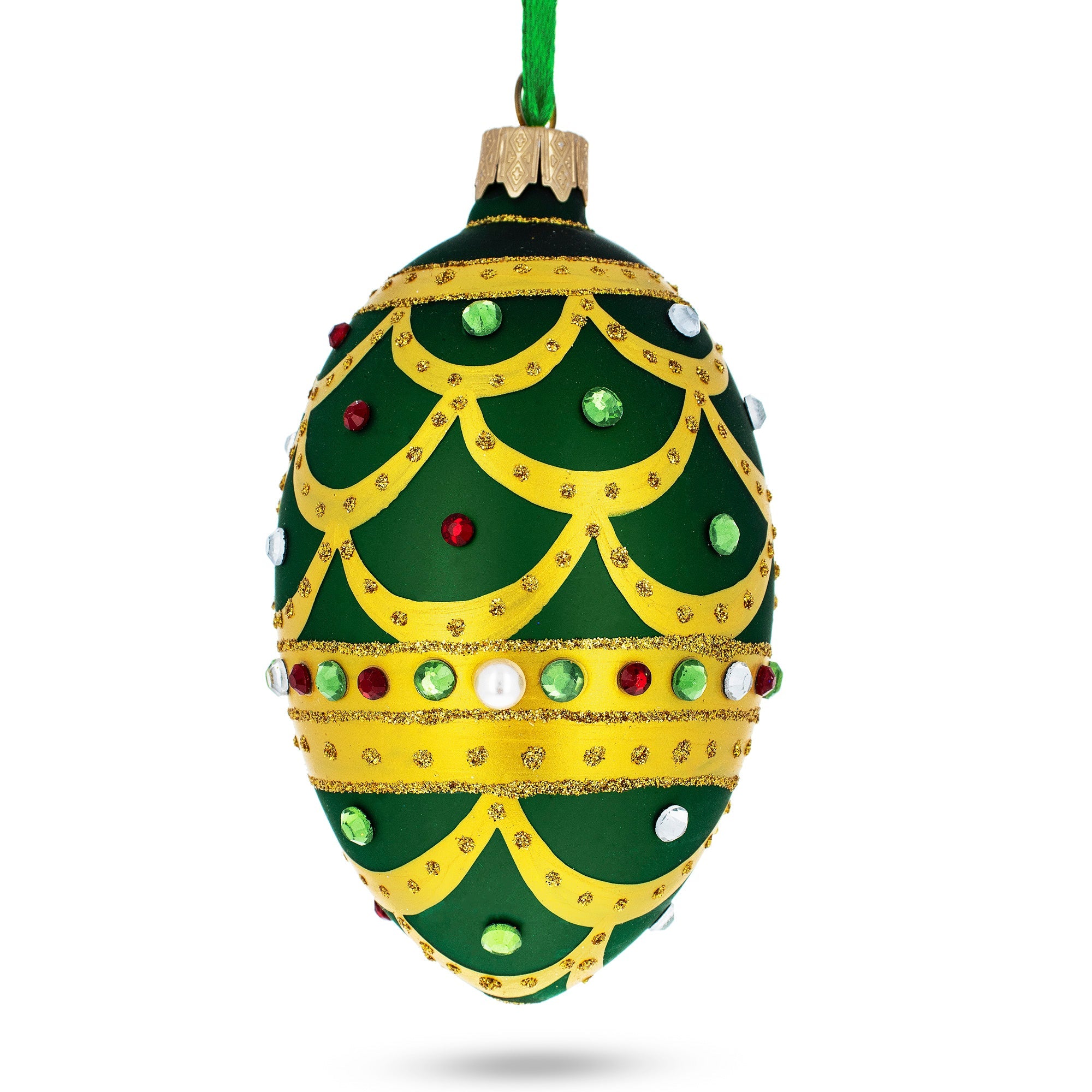 Gold Scallop On Green Jeweled Egg Glass Ornament 4 Inches