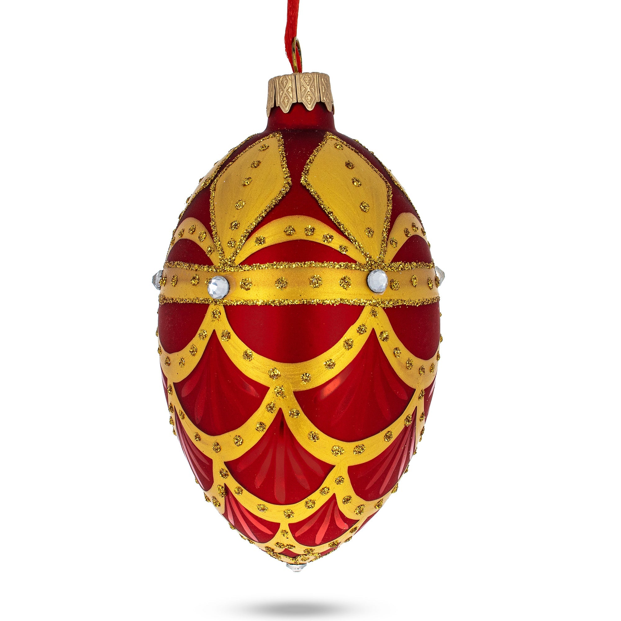 Gold Trellis On Red Egg Glass Ornament 4 Inches