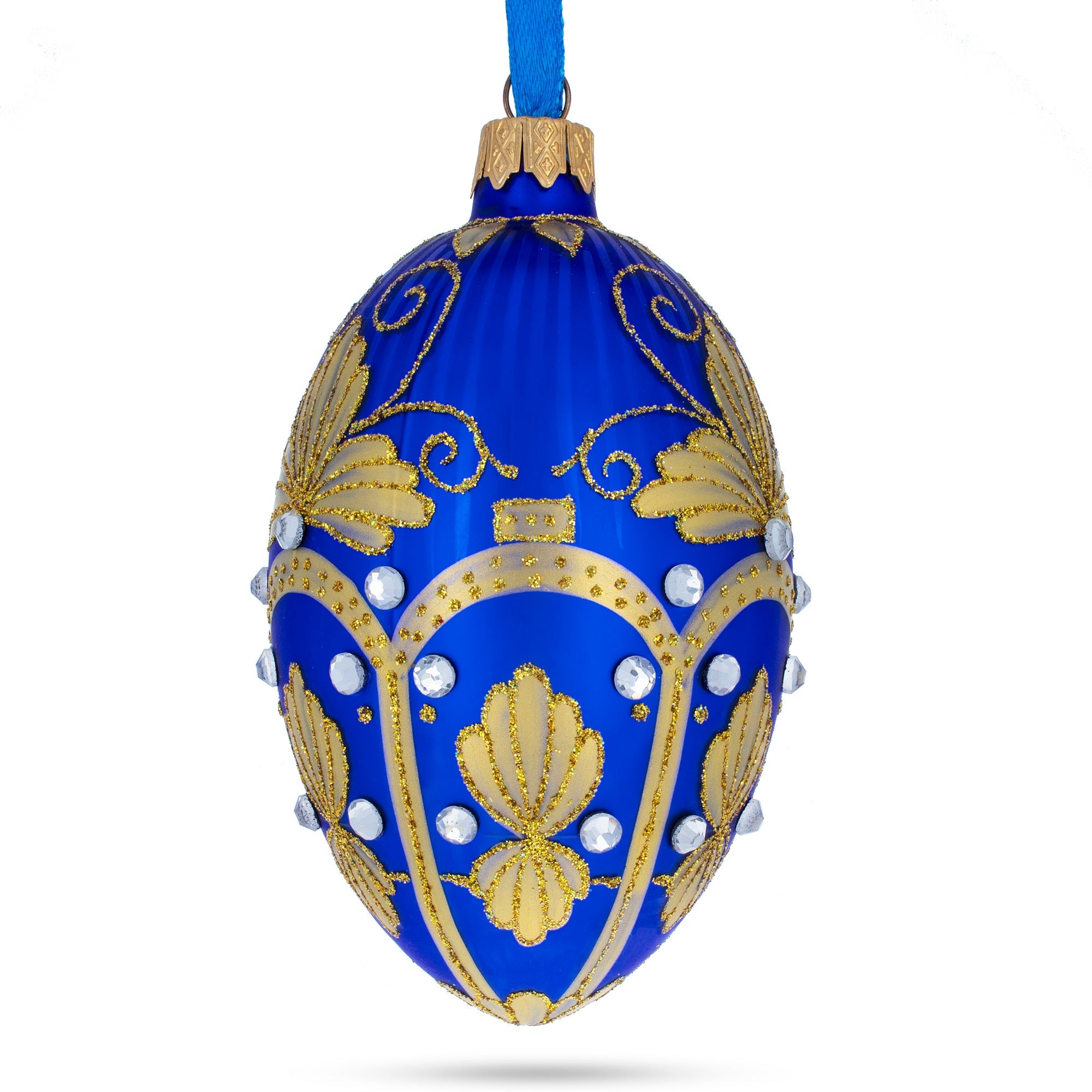 Golden Pearls On Blue Guilloche Glass Egg Christmas Ornament 4 Inches