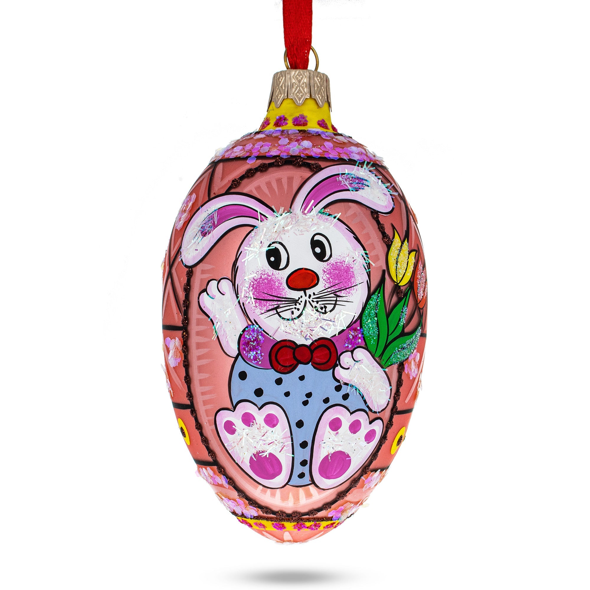 Bunny With Tulips Glass Egg Ornament 4 Inches