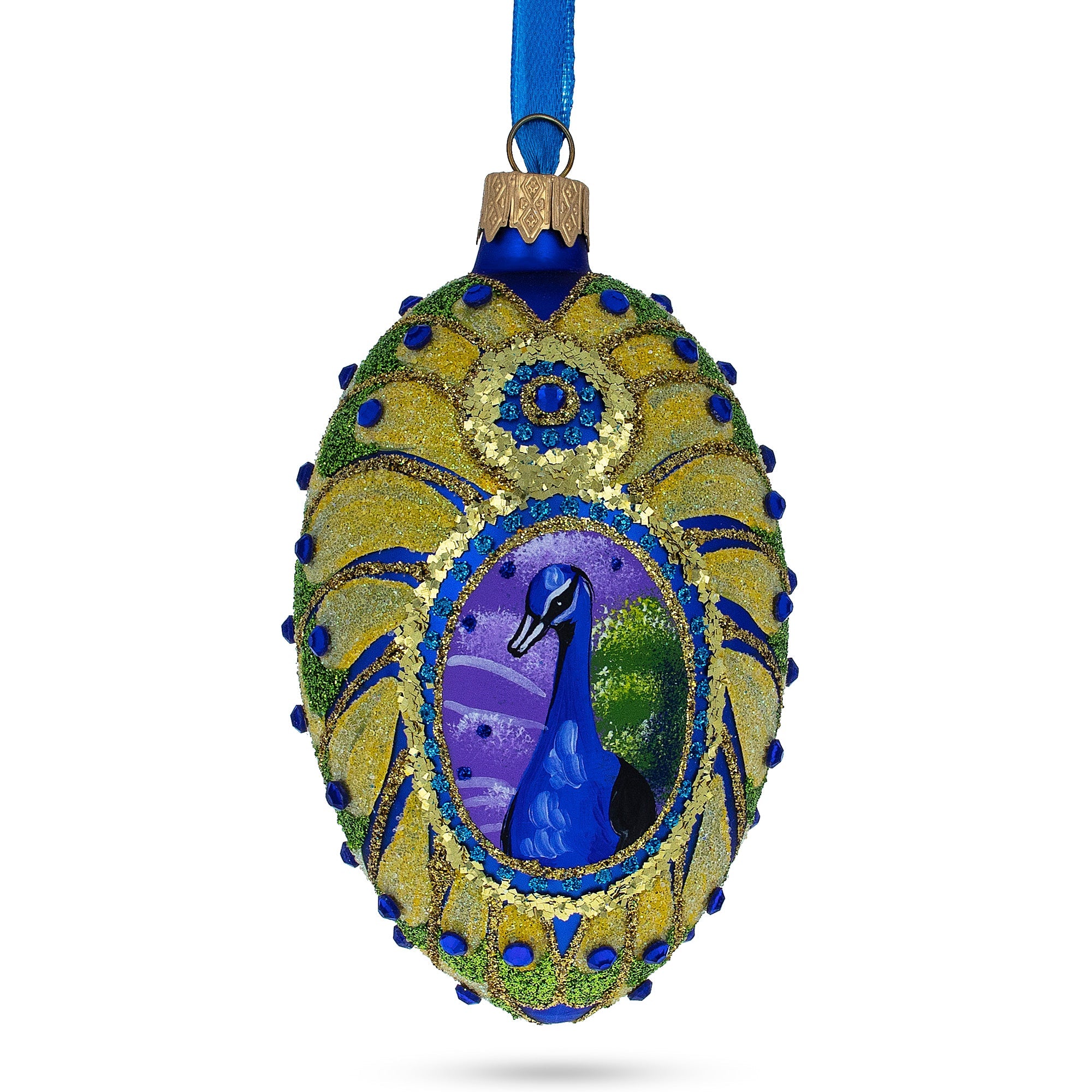 Peacock Glass Egg Ornament 4 Inches