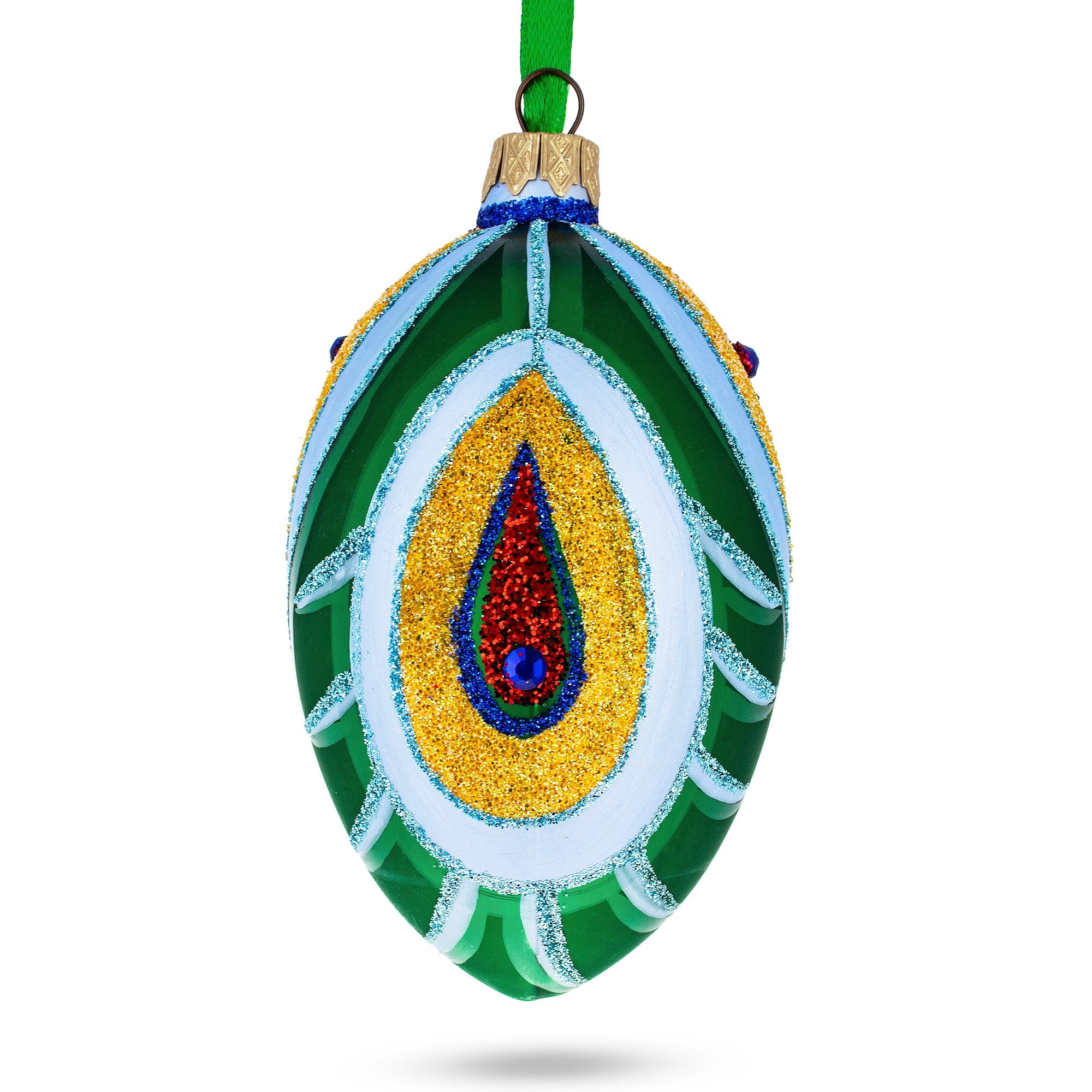 Peacock Feather Glass Egg Ornament 4 Inches