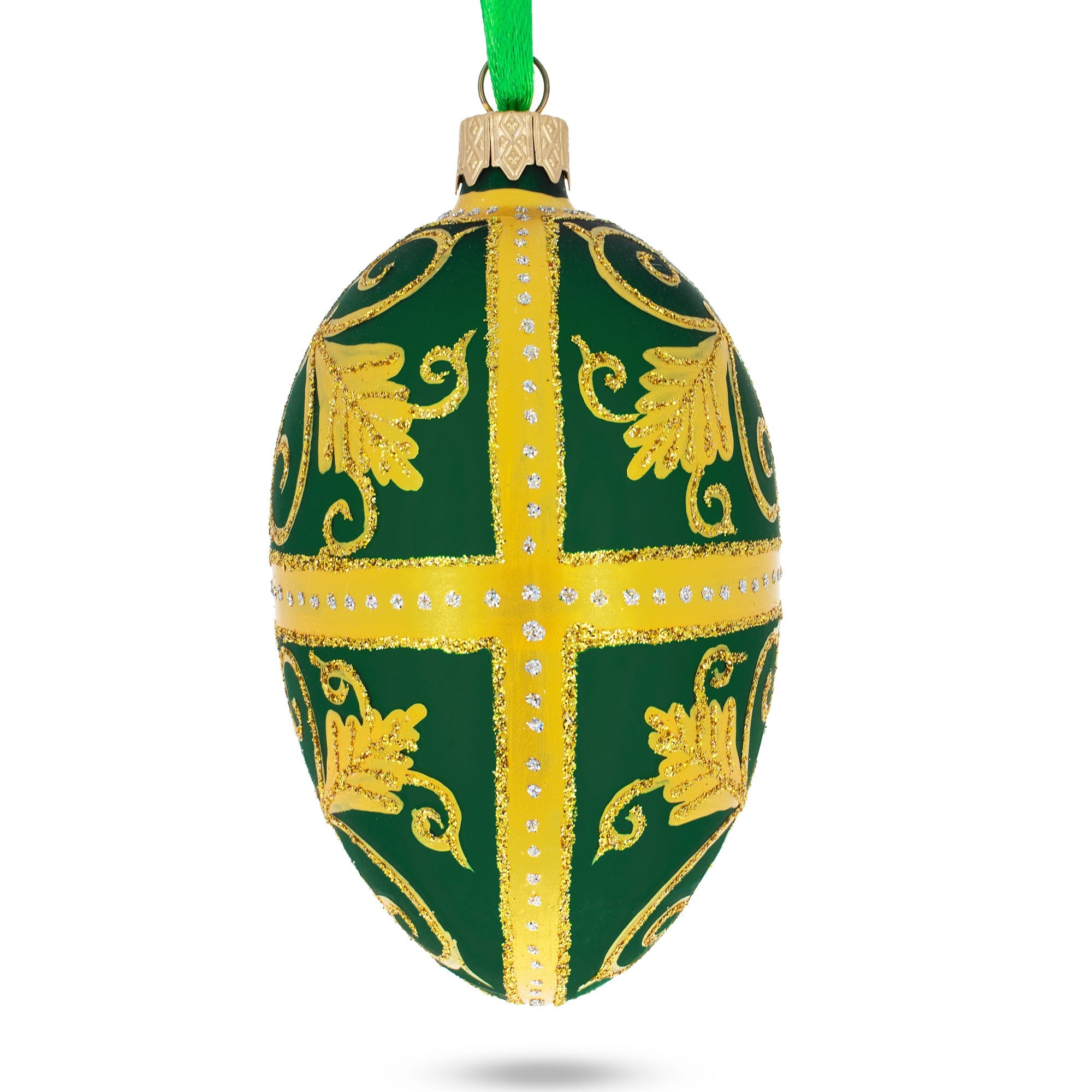 Golden Leaves On Green Glass Egg Ornament 4 Inches