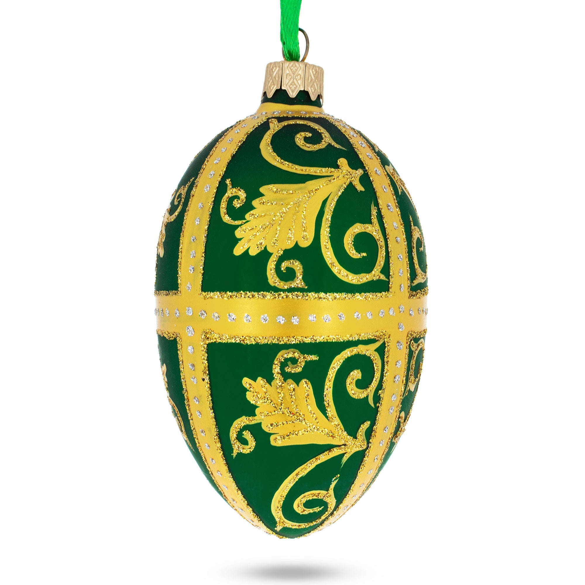 Golden Leaves On Green Glass Egg Ornament 4 Inches