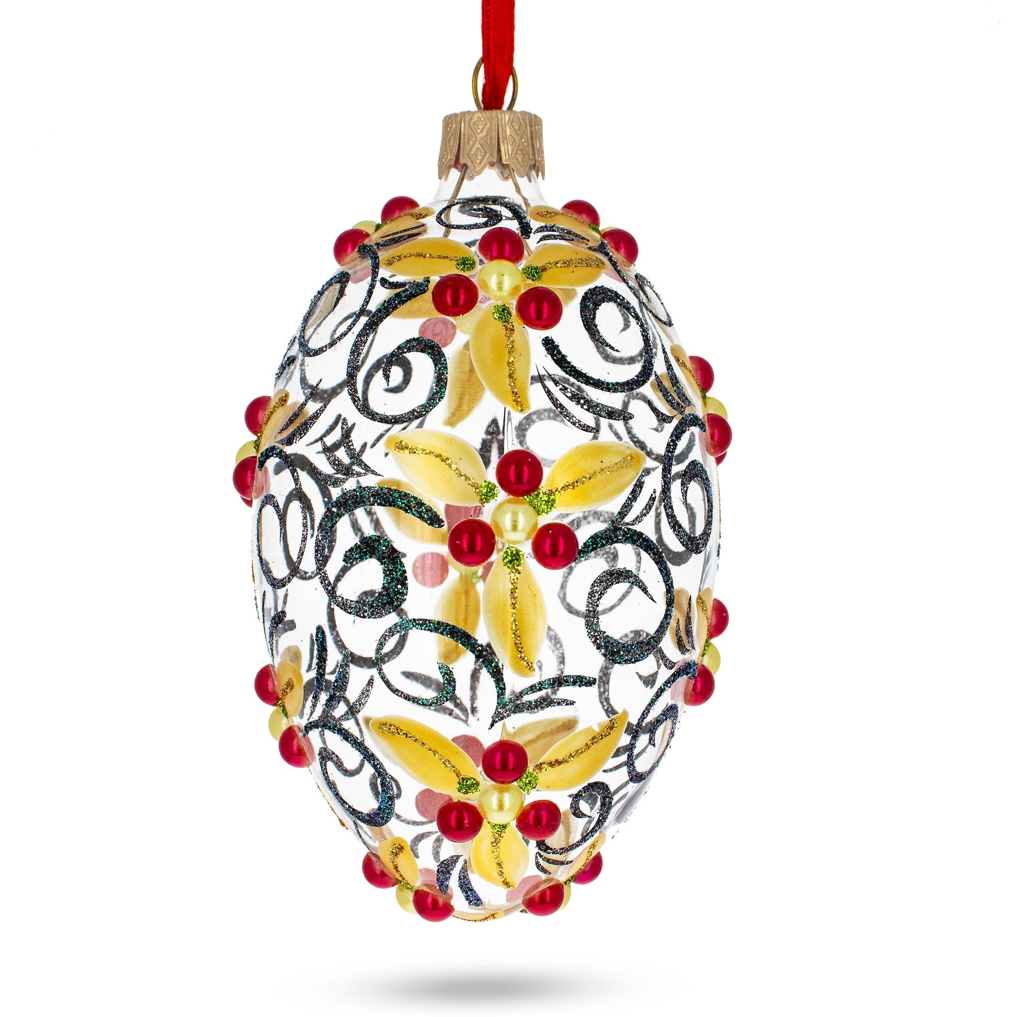 Red Berries On Clear Glass Egg Ornament 4 Inches