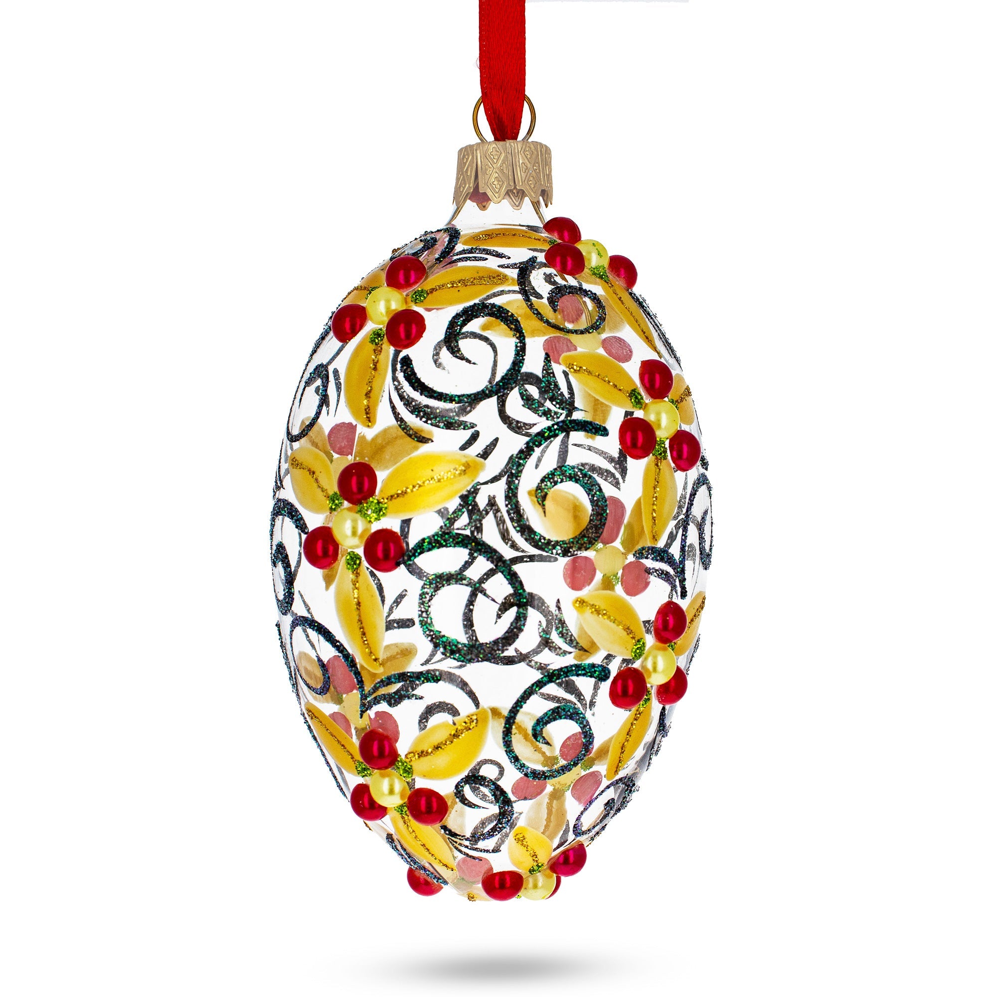 Red Berries On Clear Glass Egg Ornament 4 Inches