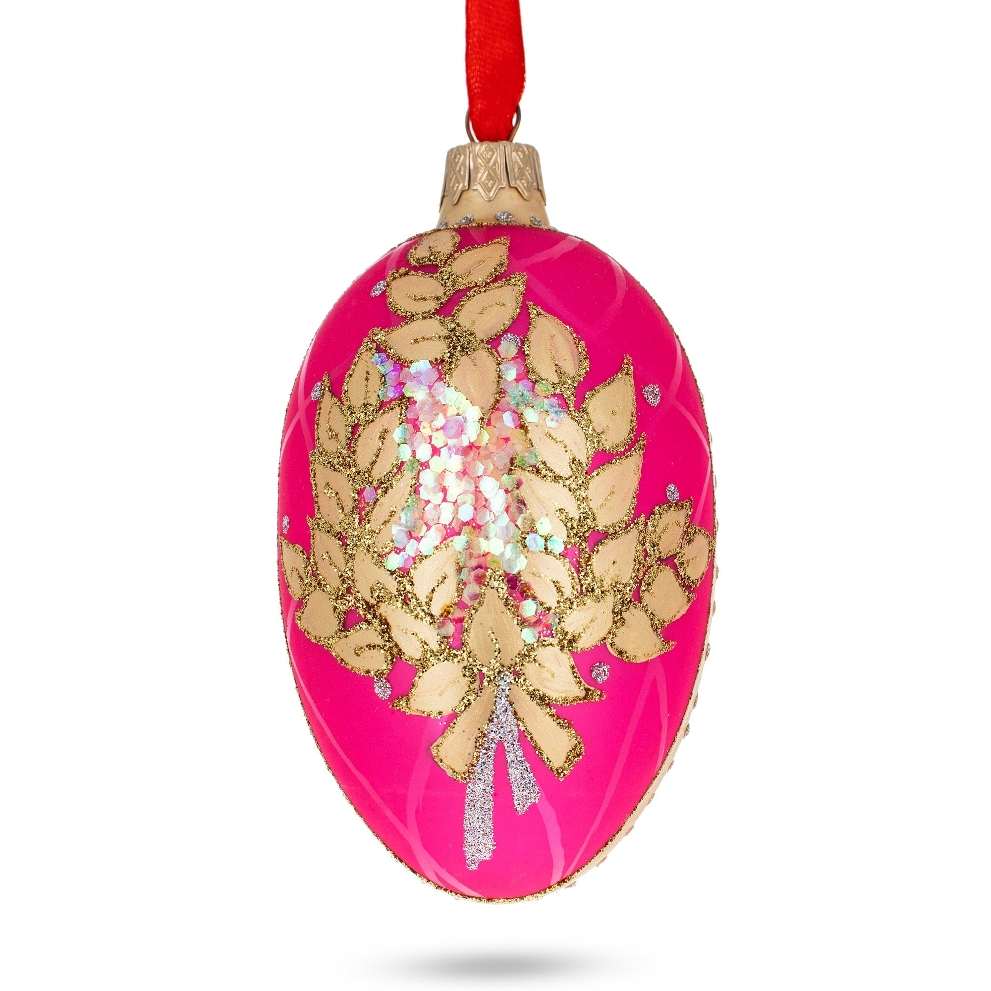 Golden Branches On Pink Glass Egg Ornament 4 Inches