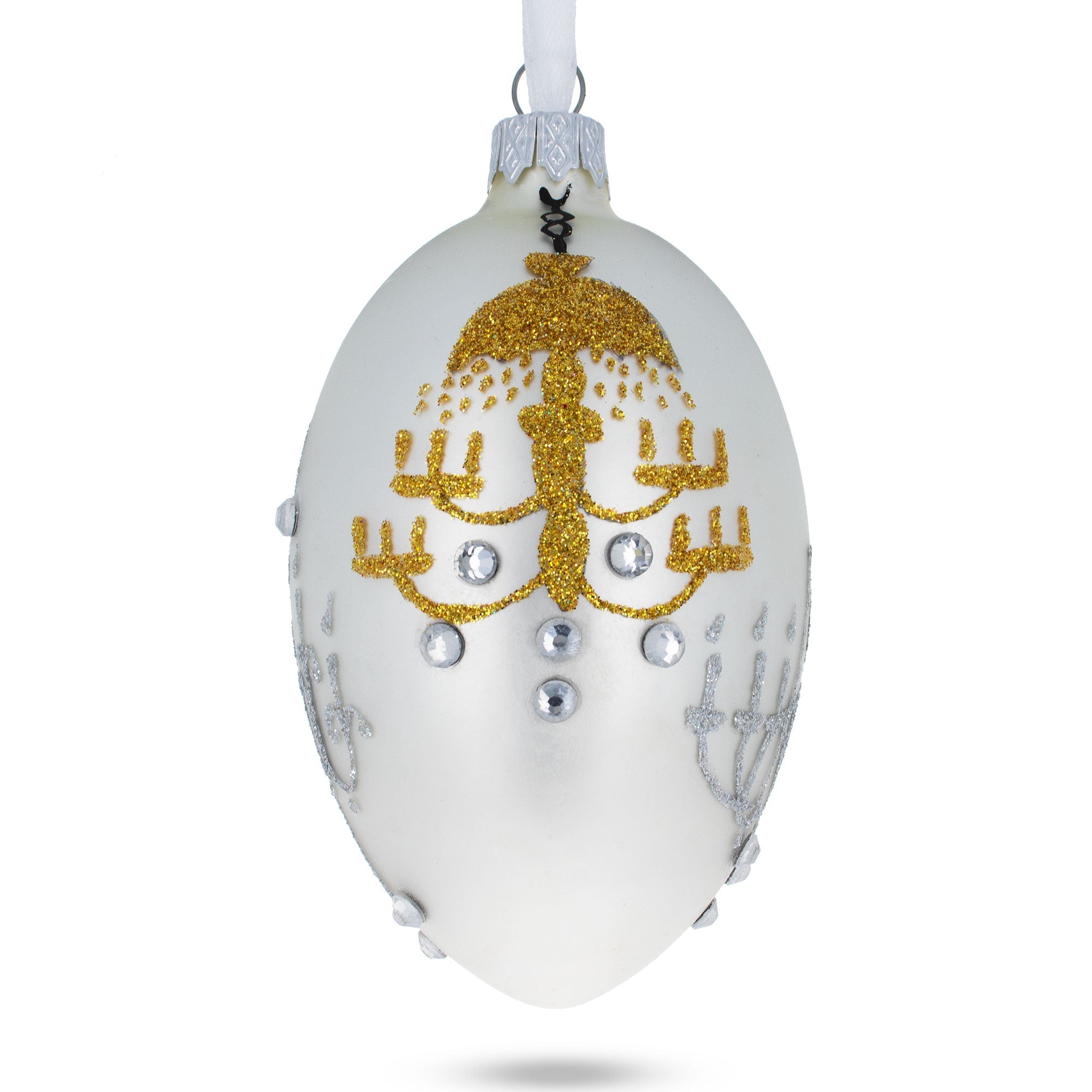 Chandeliers On White Glass Egg Ornament 4 Inches