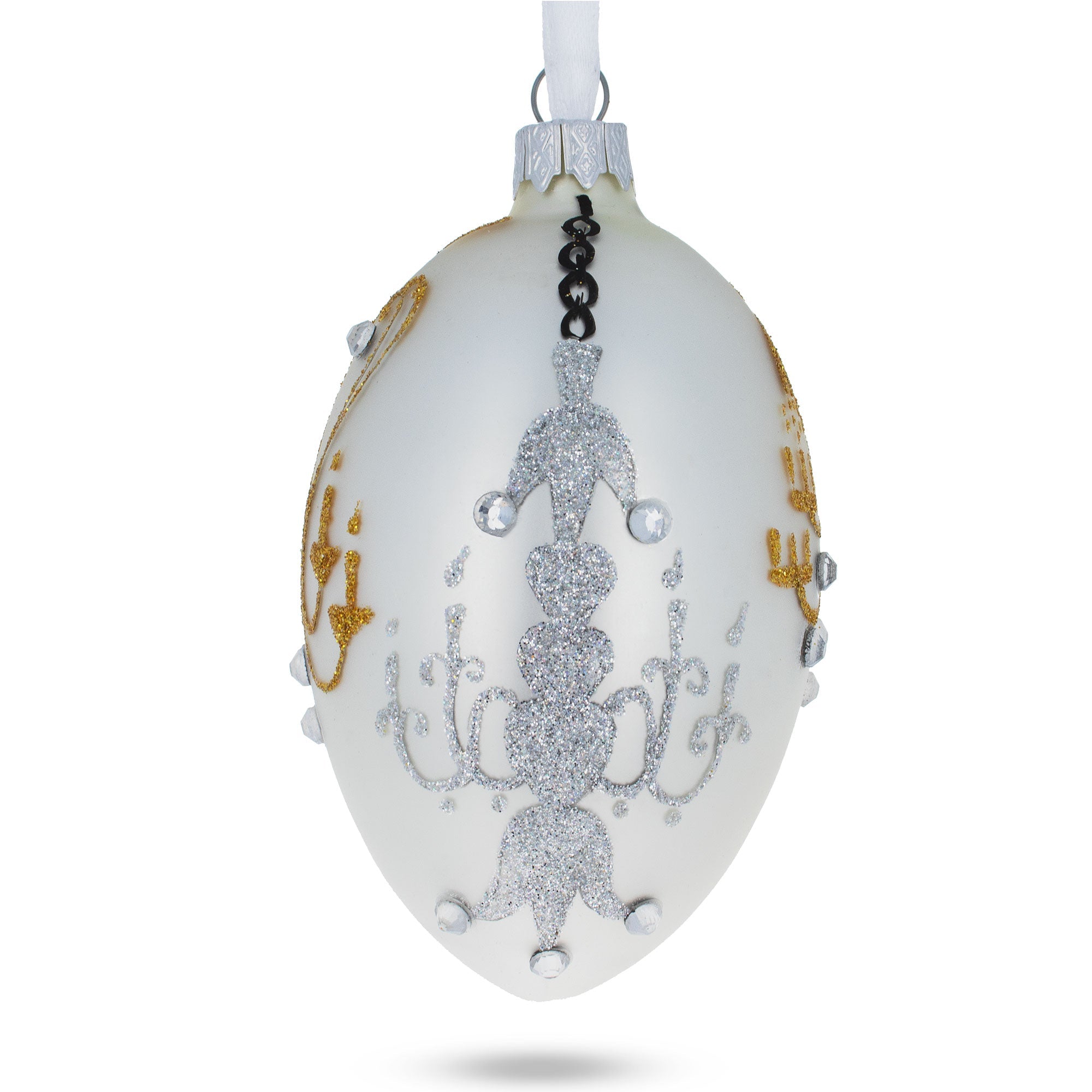 Chandeliers On White Glass Egg Ornament 4 Inches