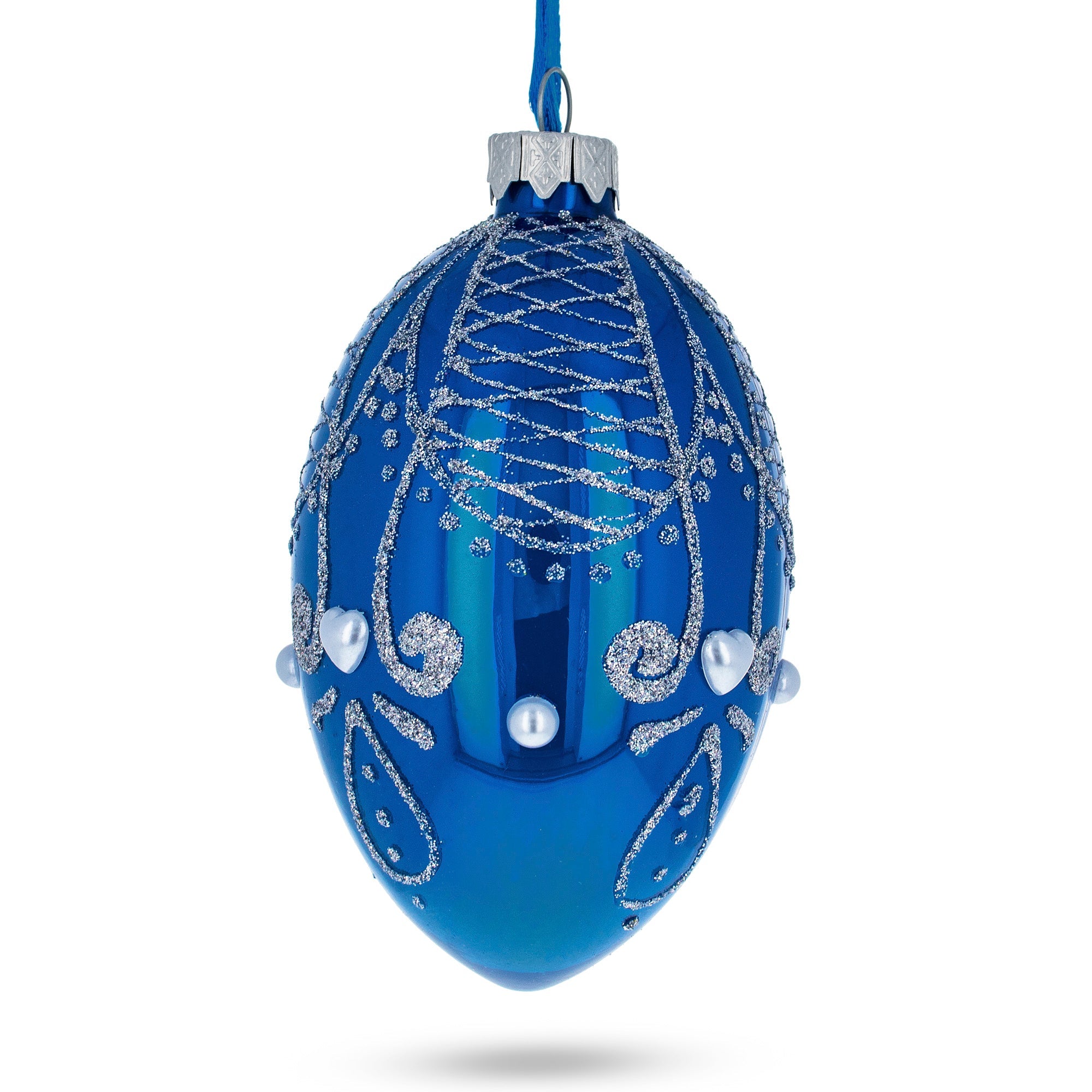 Jeweled Blue Glossy Royal Inspired Glass Egg Ornament 4 Inches