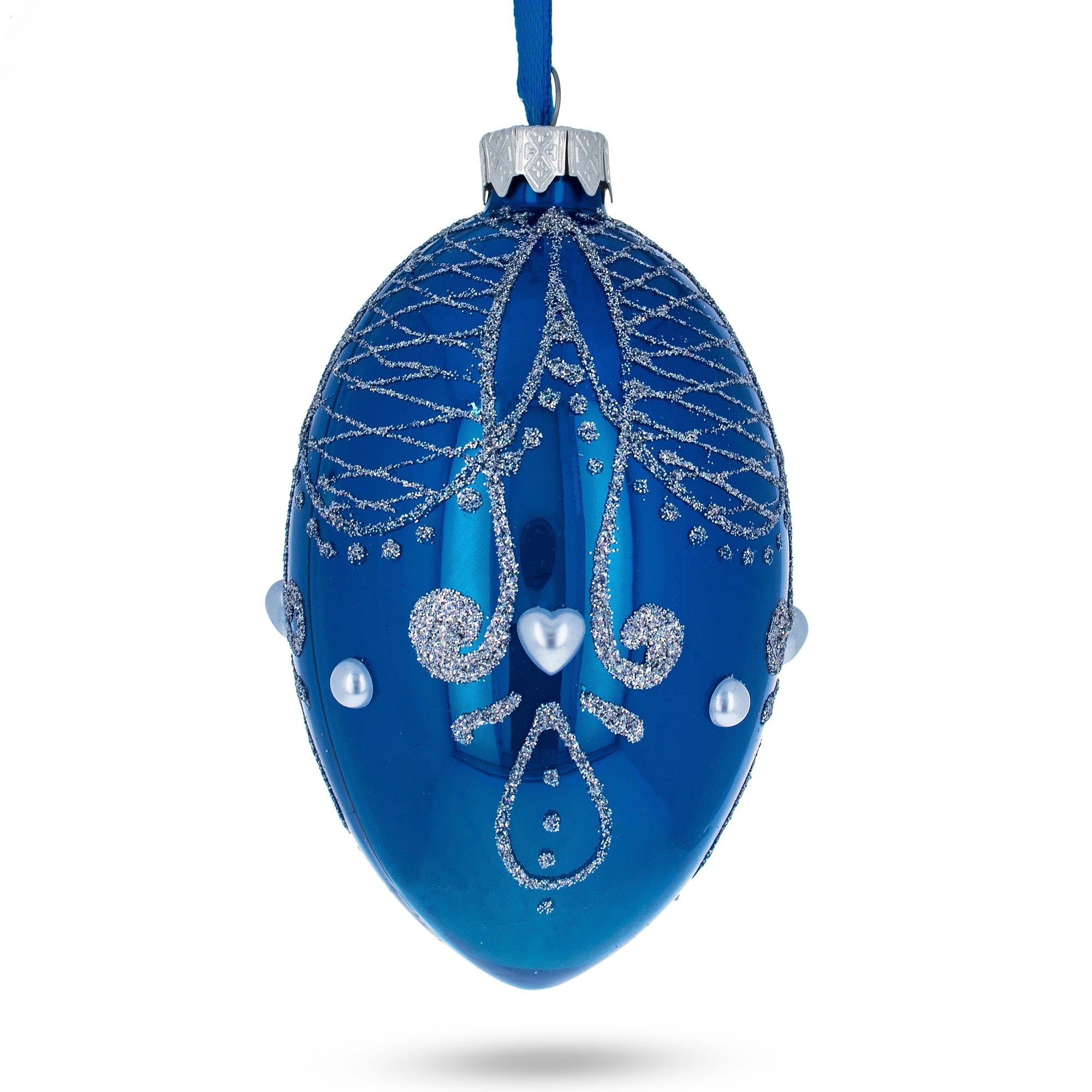 Jeweled Blue Glossy Royal Inspired Glass Egg Ornament 4 Inches