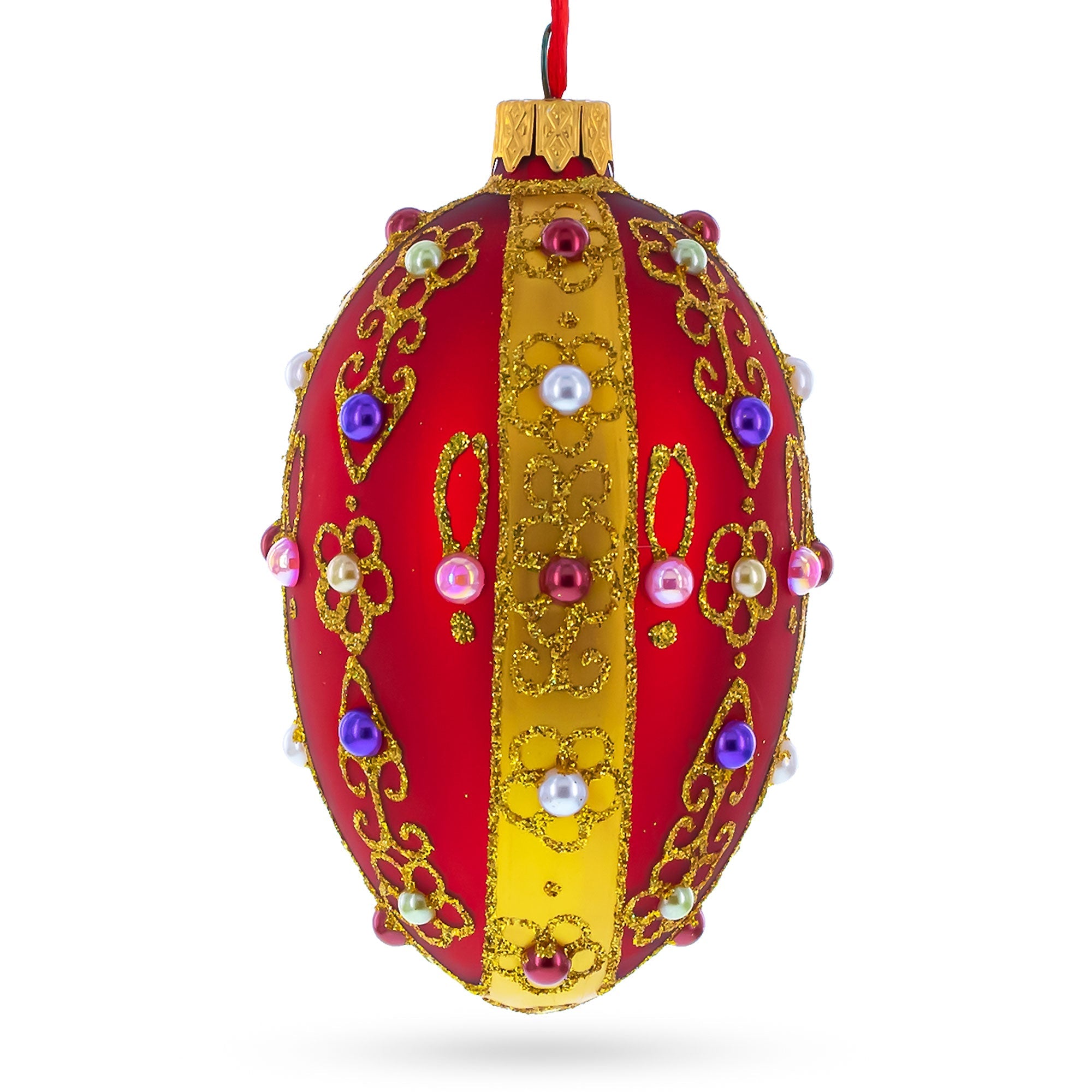 Jeweled Red Royal Inspired Glass Egg Ornament 4 Inches