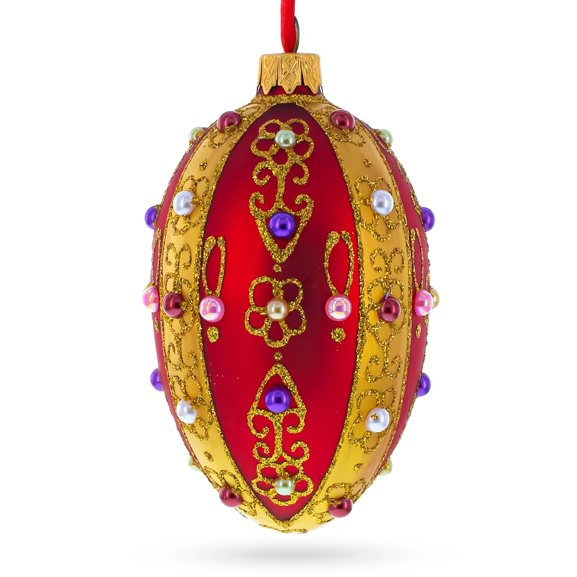 Jeweled Red Royal Inspired Glass Egg Ornament 4 Inches