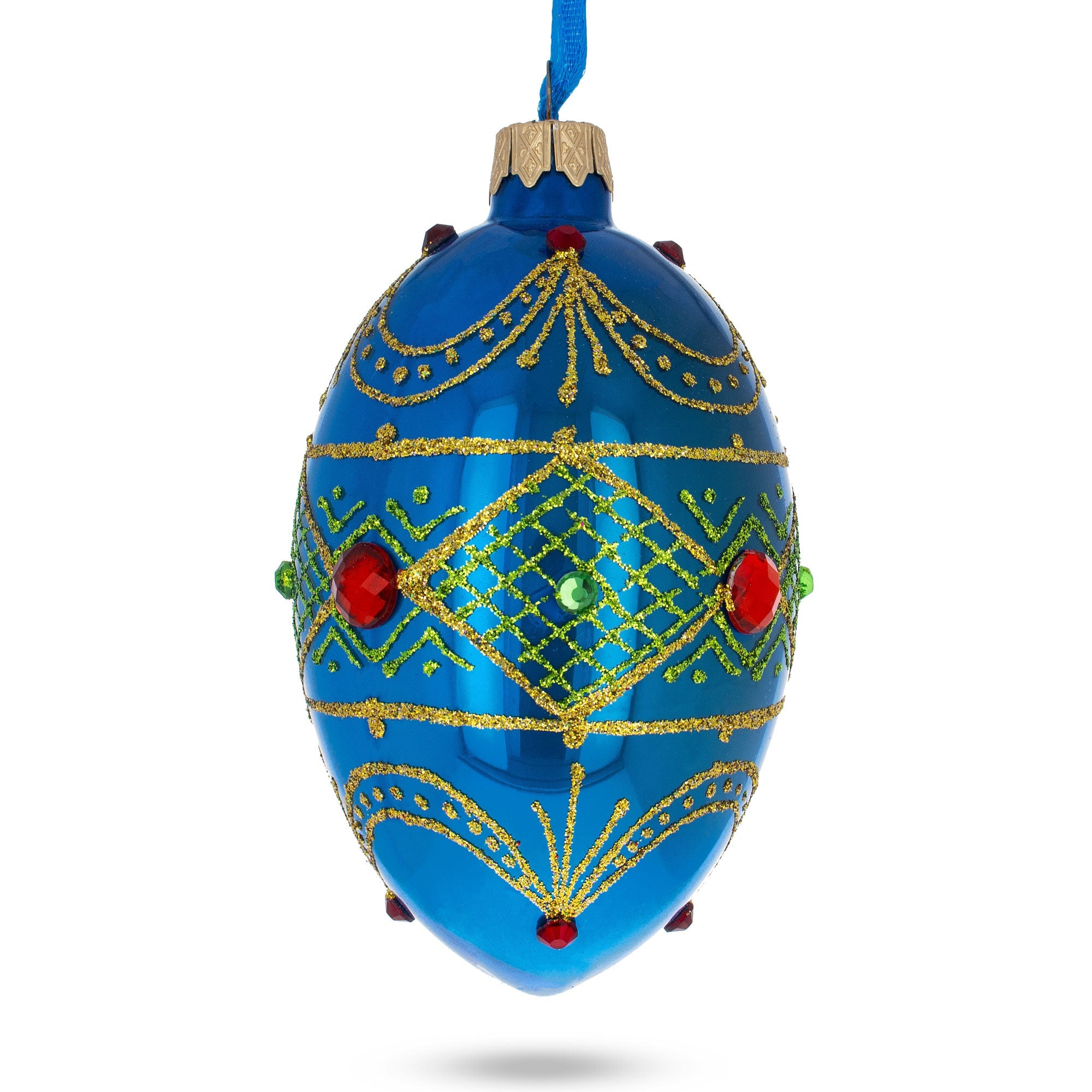 Jeweled Red Ruby On Blue Glass Egg Ornament 4 Inches