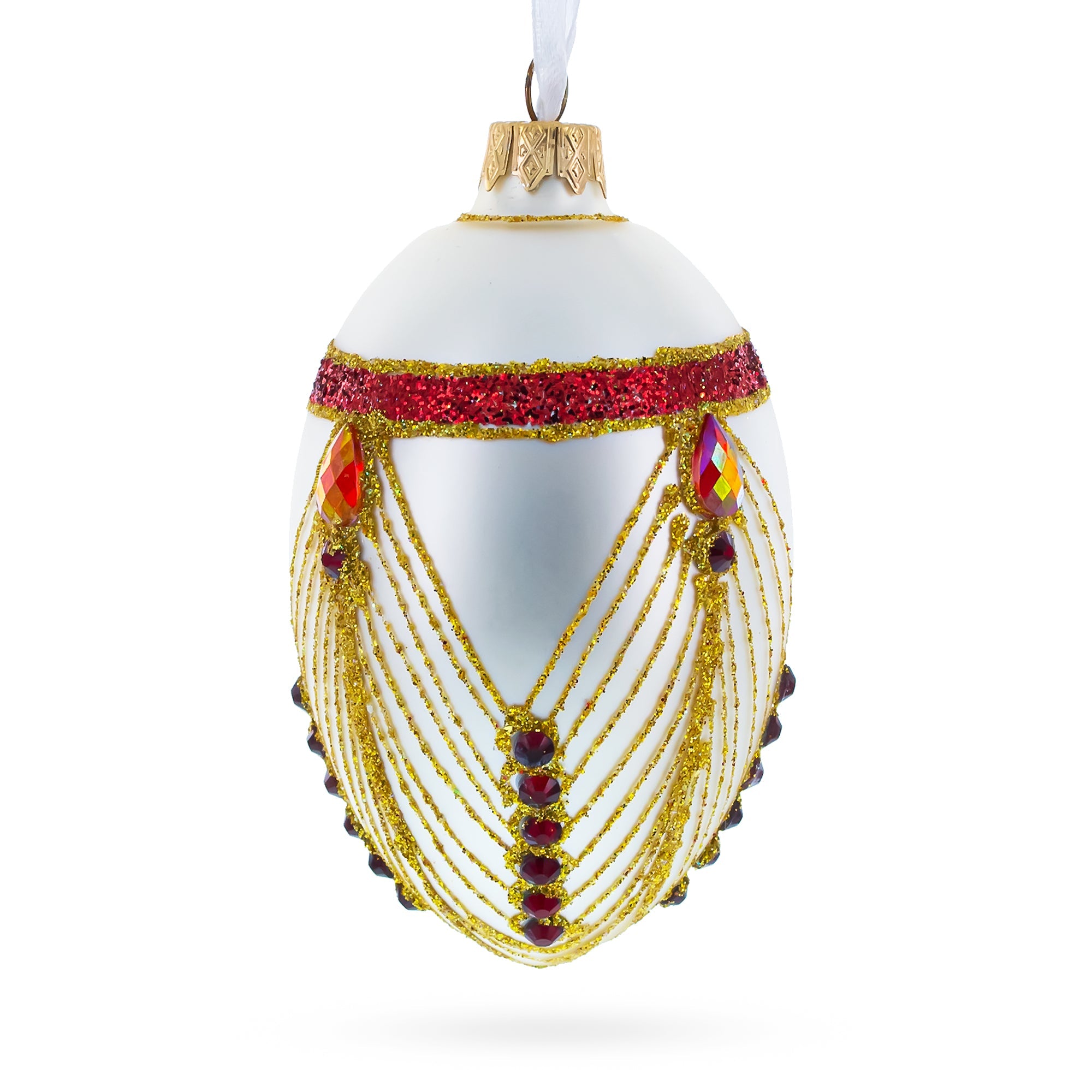 Red Jewels Eccentrics On White Glass Egg Ornament 4 Inches