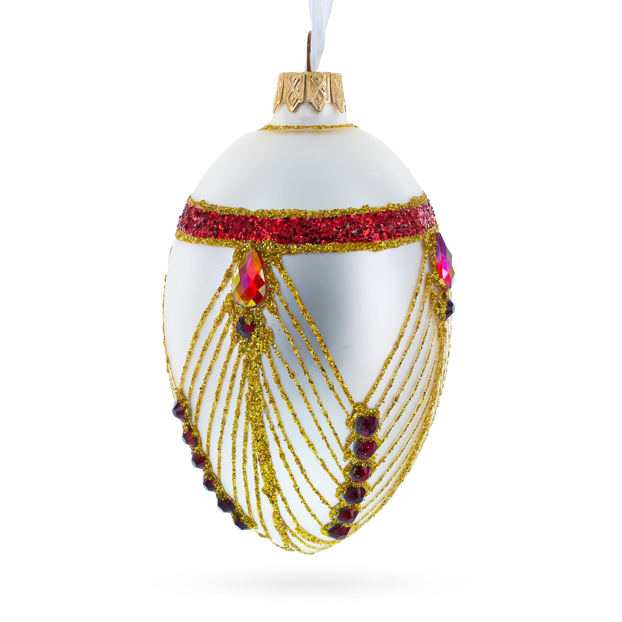 Red Jewels Eccentrics On White Glass Egg Ornament 4 Inches