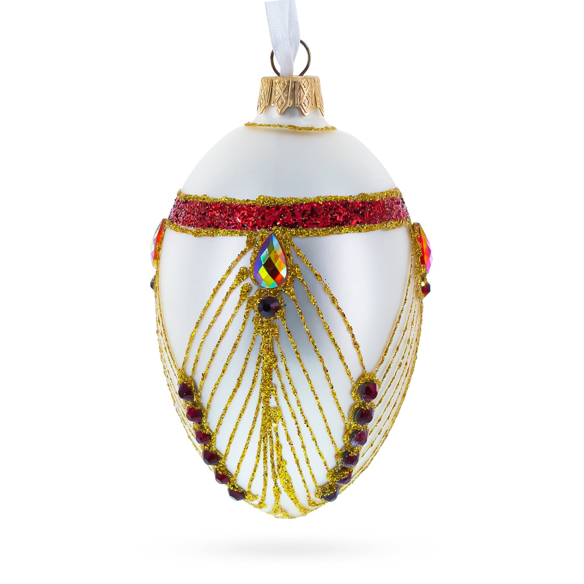 Red Jewels Eccentrics On White Glass Egg Ornament 4 Inches