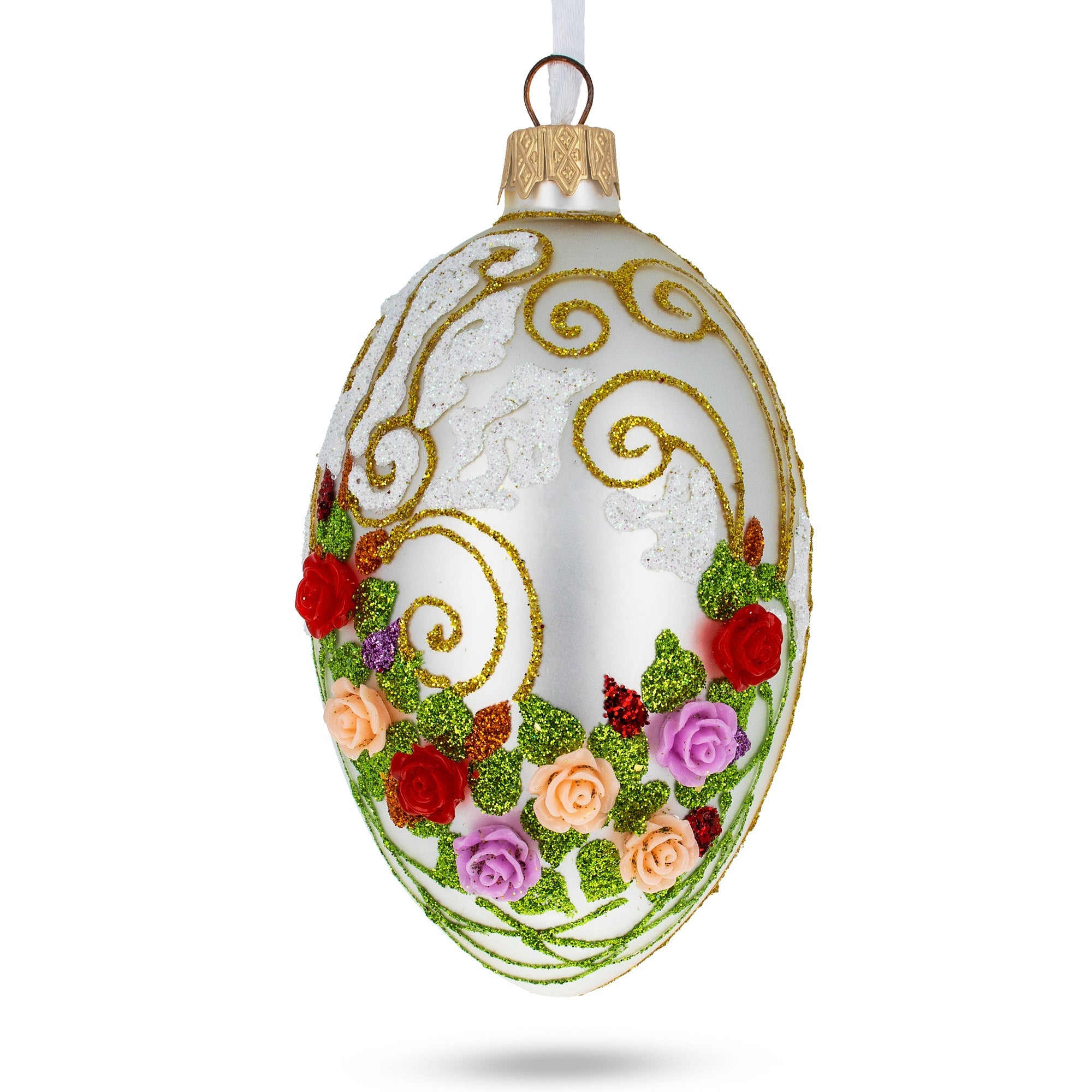 3d Flowers On White Glass Egg Ornament 4 Inches