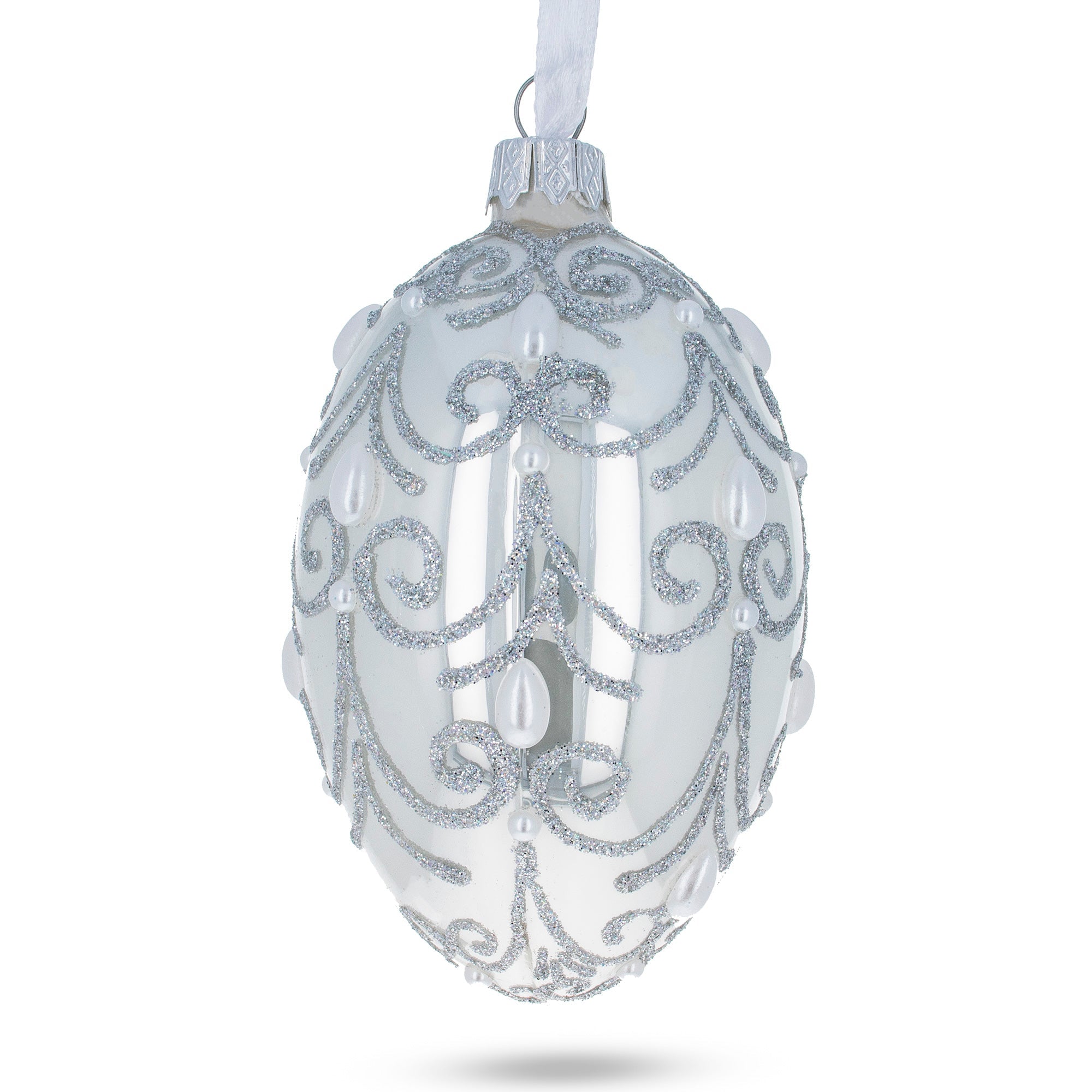 Jeweled Beads On Glossy White Glass Egg Ornament 4 Inches