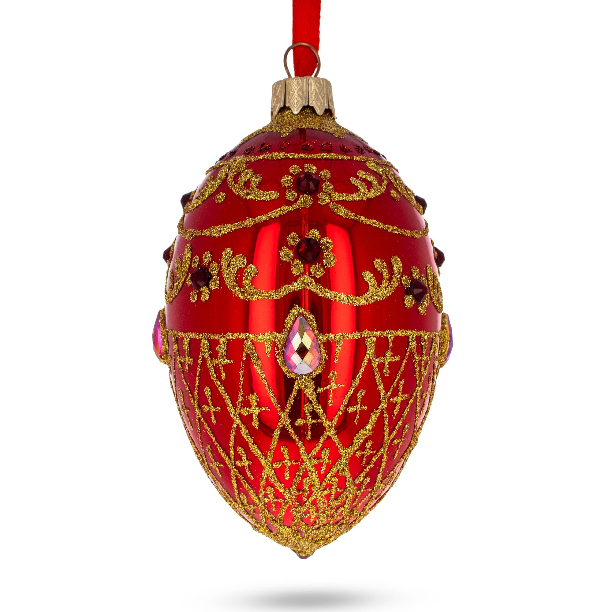 Ruby Jewels On Glossy Red Glass Egg Ornament 4 Inches