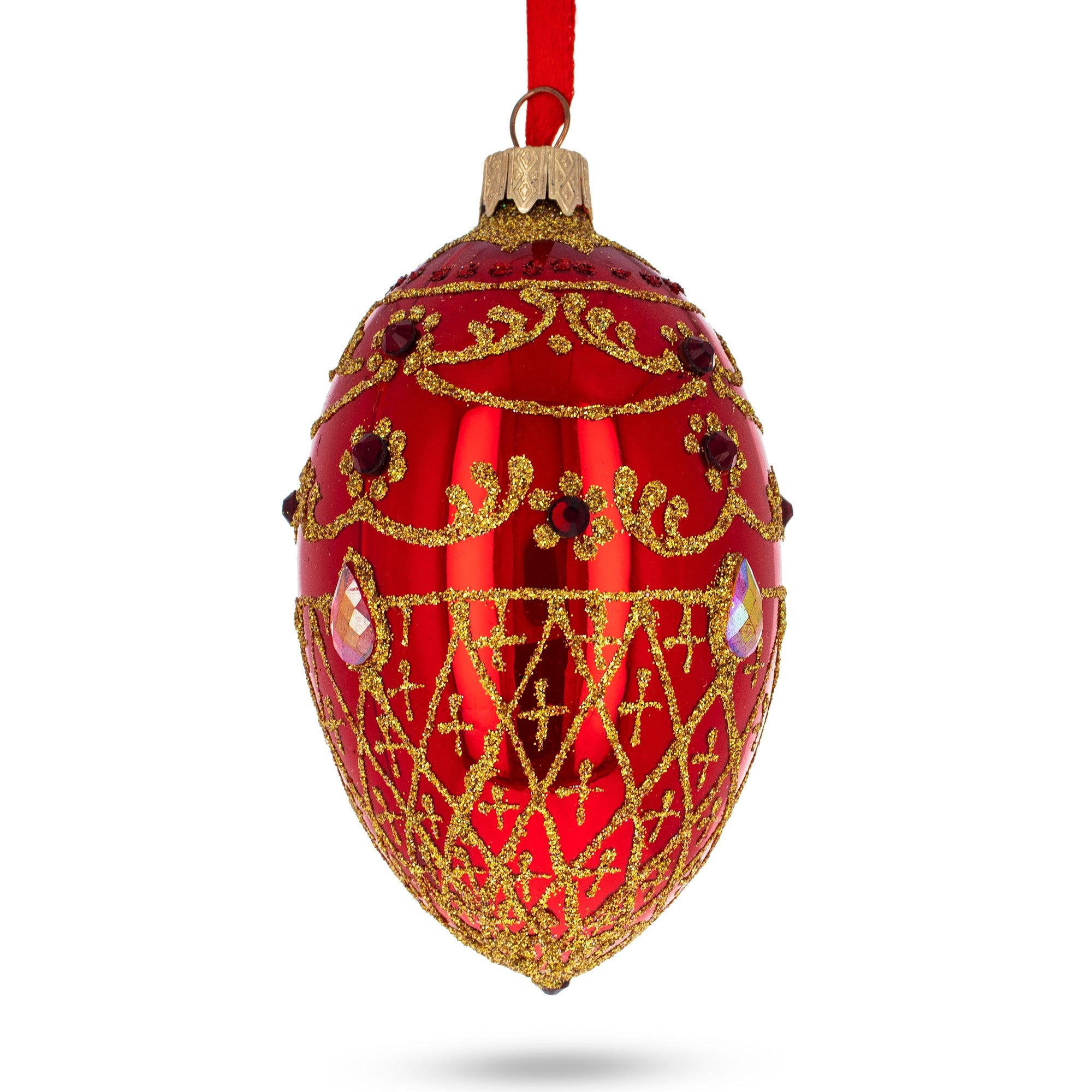 Ruby Jewels On Glossy Red Glass Egg Ornament 4 Inches