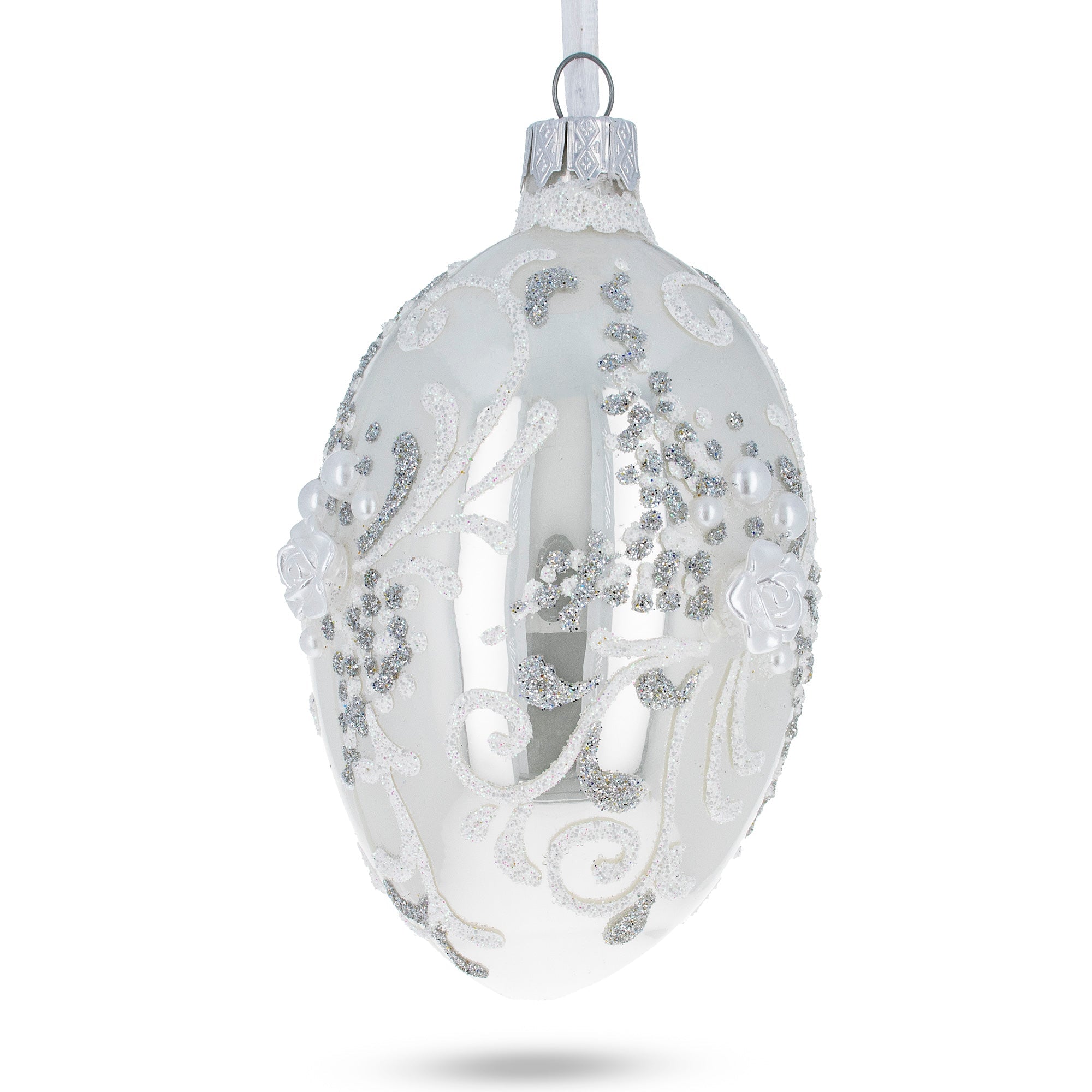 3d Flowers On Glossy White Glass Egg Ornament 4 Inches