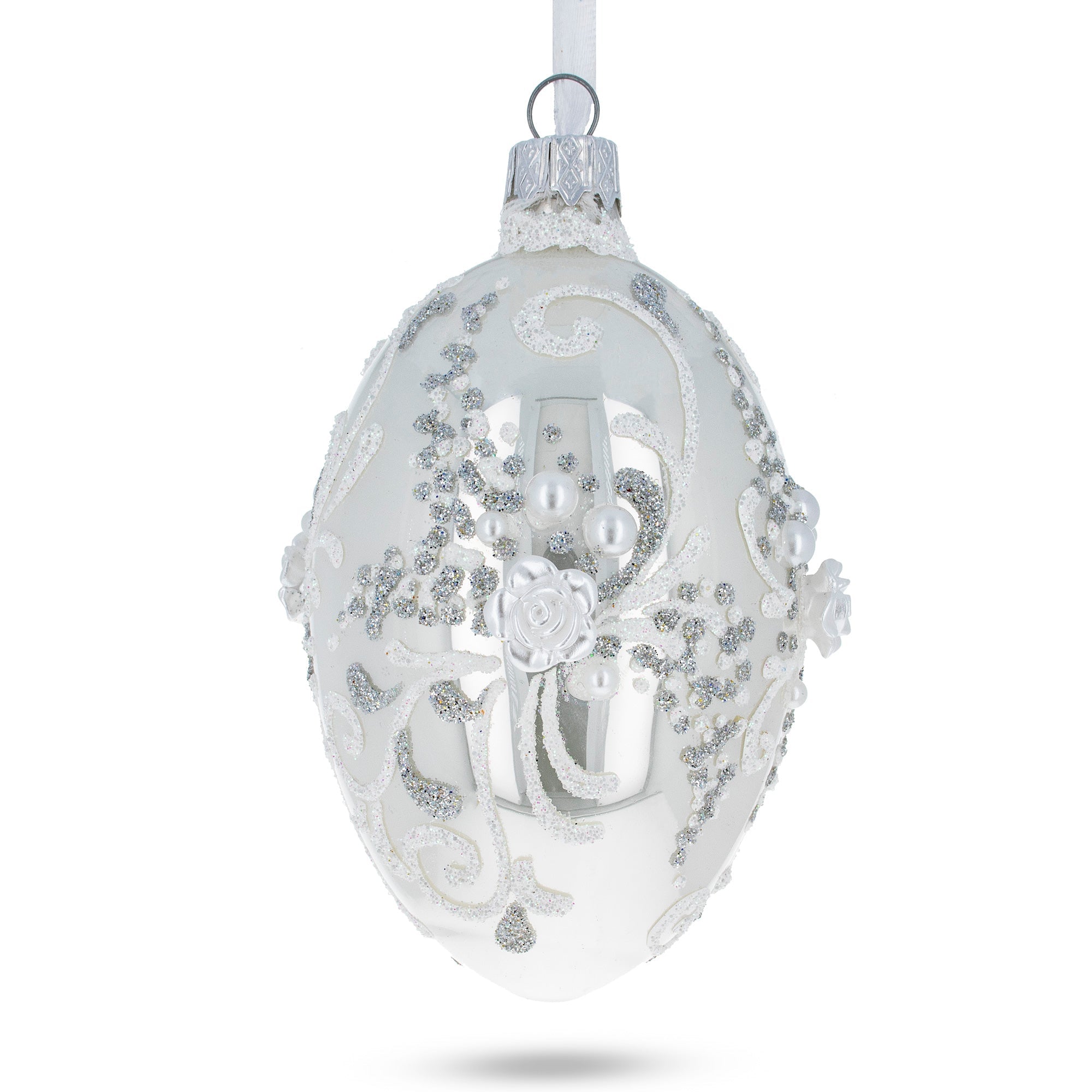 3d Flowers On Glossy White Glass Egg Ornament 4 Inches