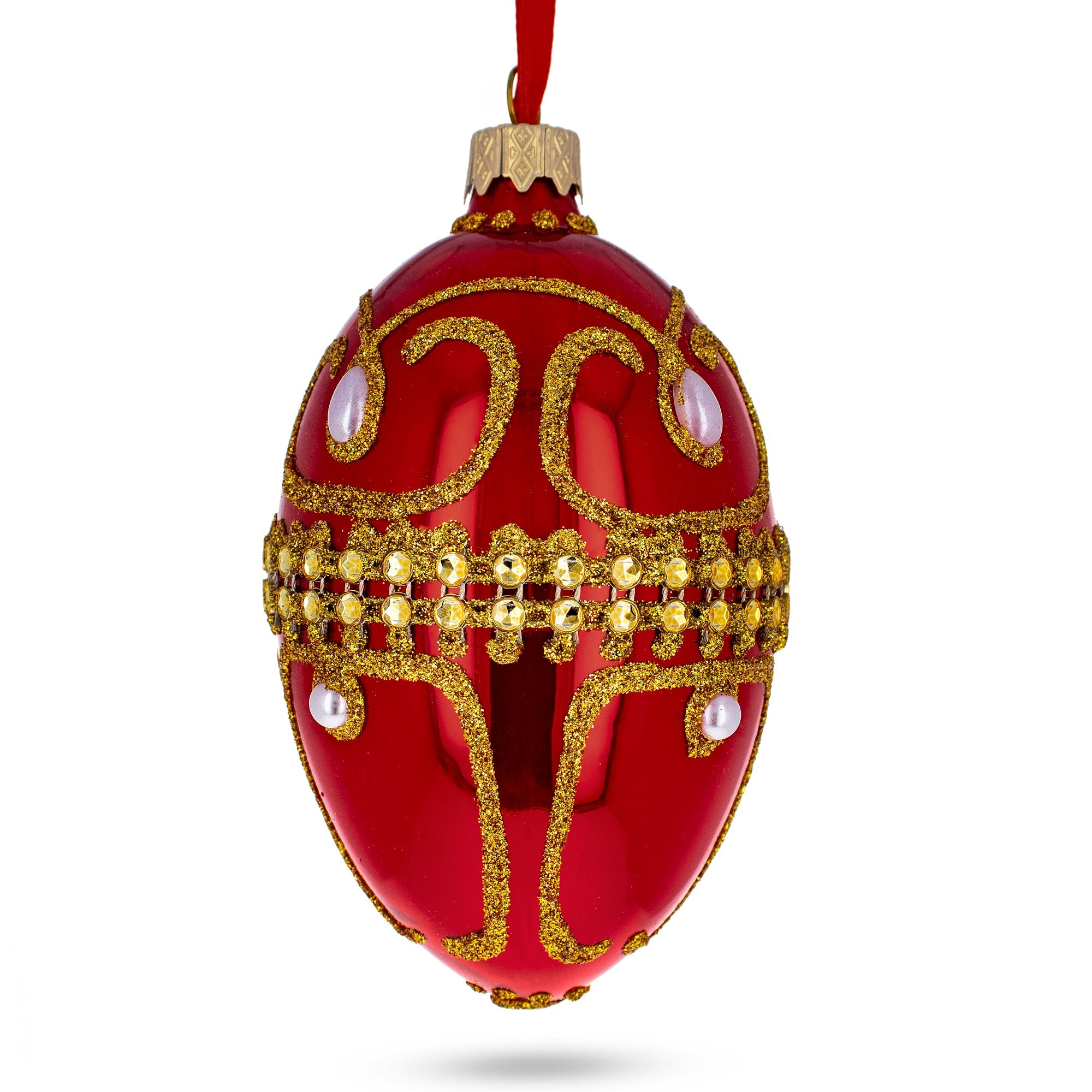 Jeweled White Beads On Glossy Red Glass Egg Ornament 4 Inches