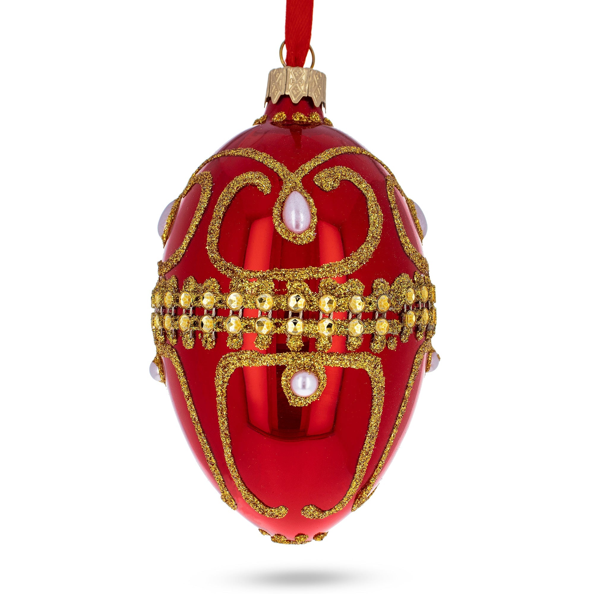 Jeweled White Beads On Glossy Red Glass Egg Ornament 4 Inches