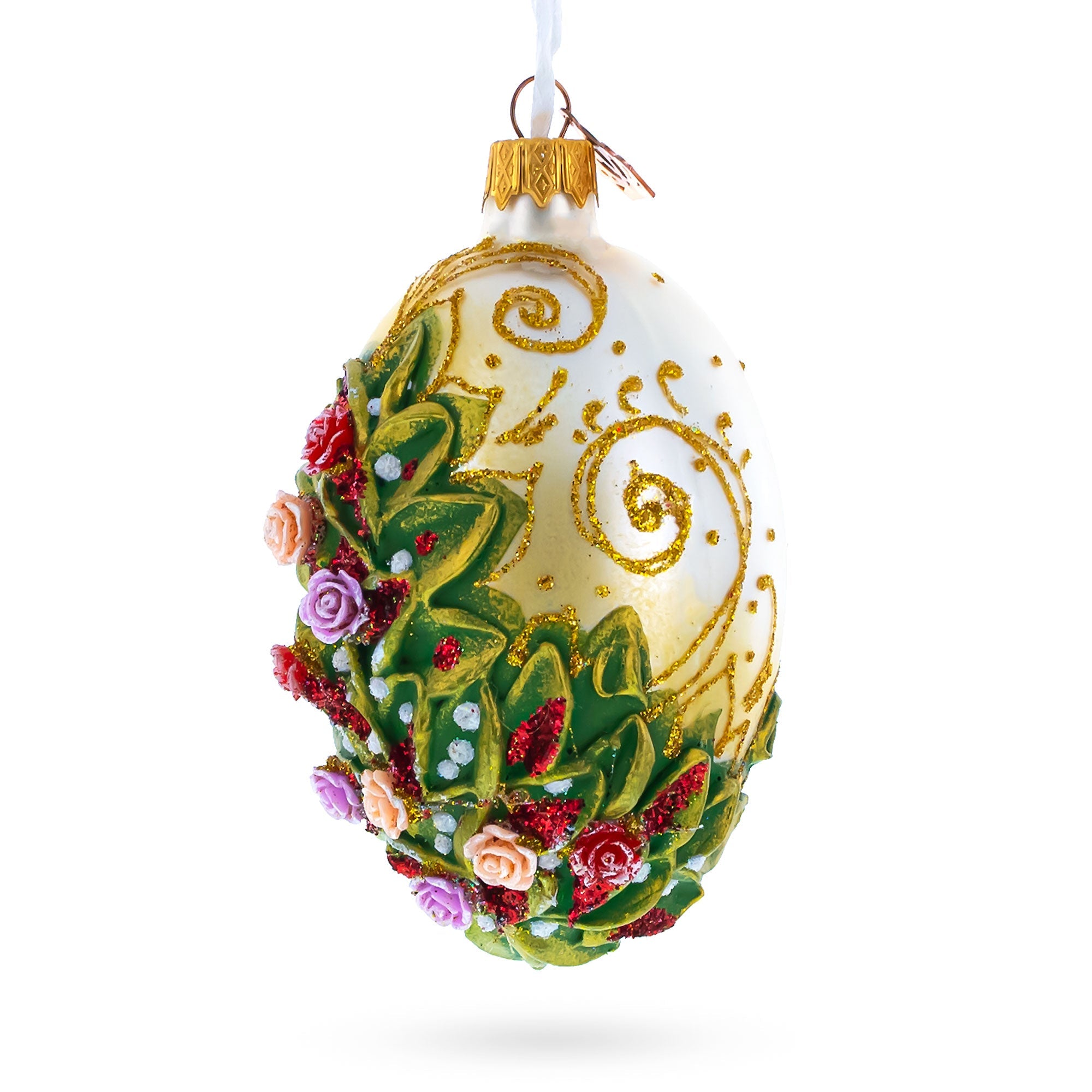 Embossed Roses Bouquet Glass Egg Ornament 4 Inches