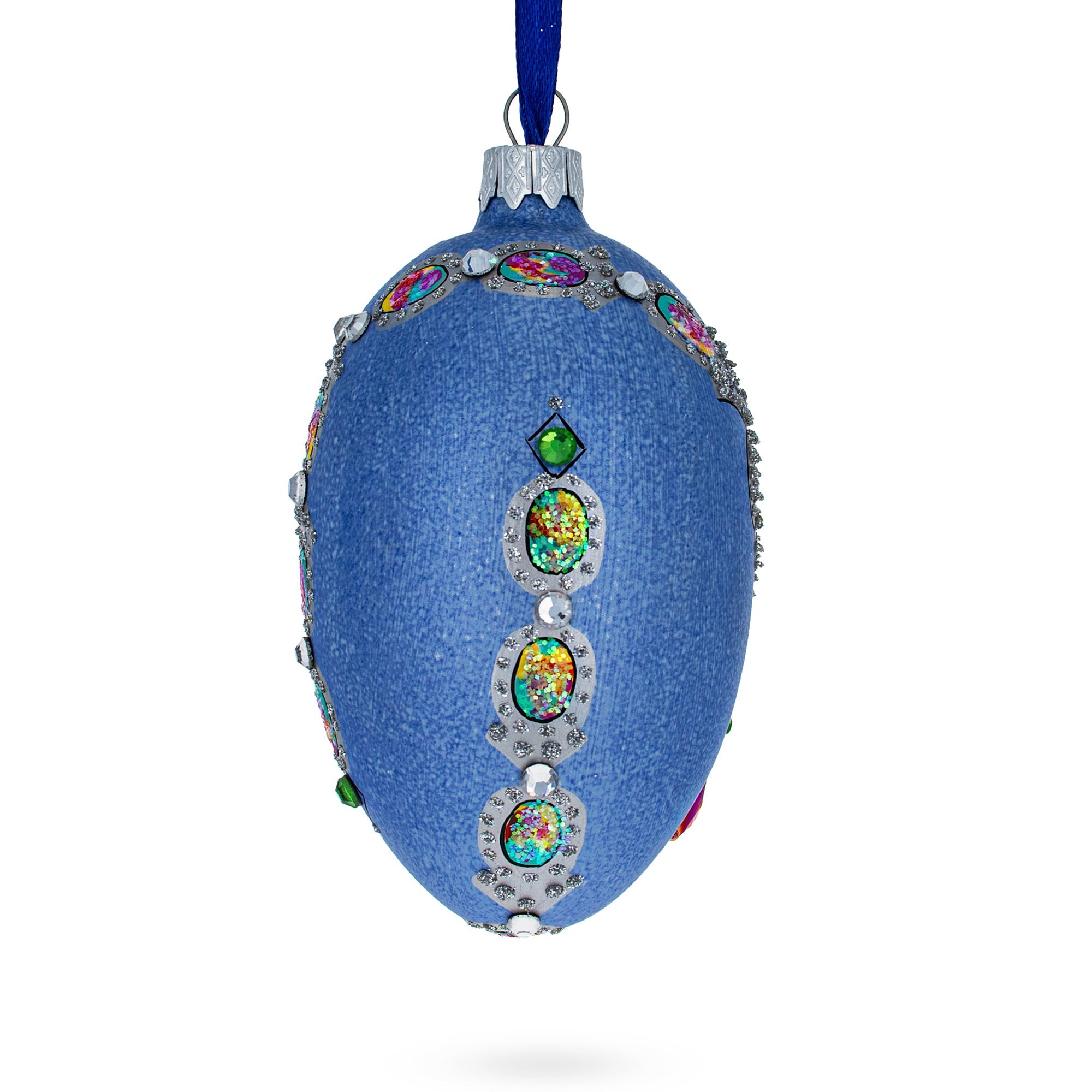 French Designer Jeweled Conquests Necklace Glass Egg Christmas Ornament 4 Inches