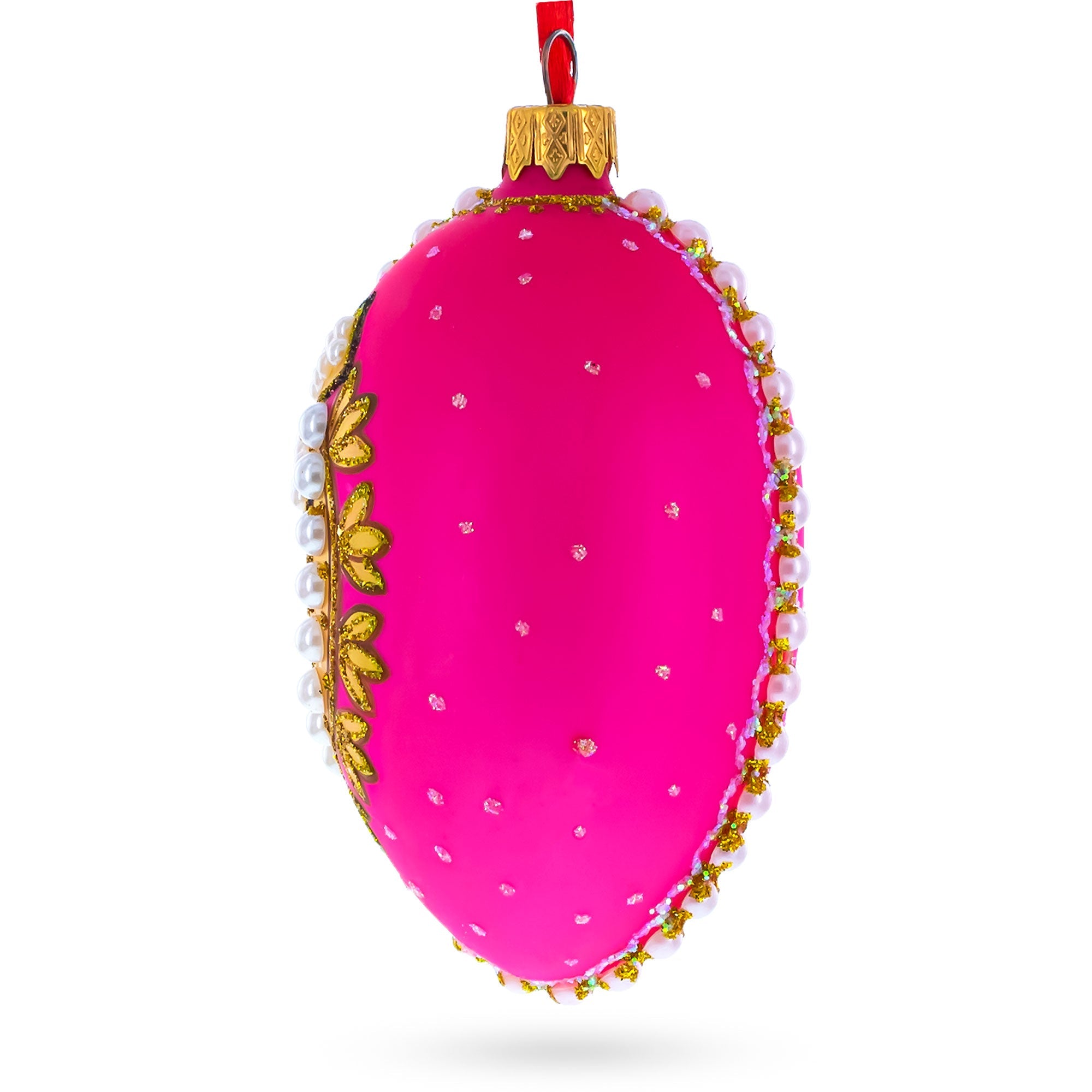 Italian Fashion House Pearl Buckle On Pink Glass Egg Christmas Ornament 4 Inches