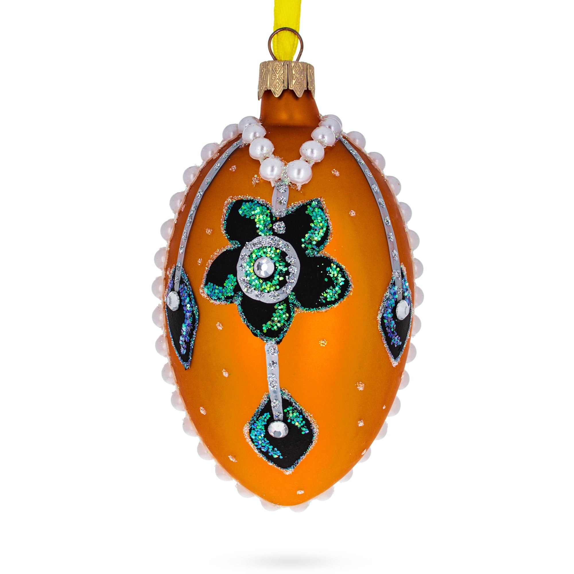 Italian Couturier Fine Jeweled Flower Necklace Glass Egg Christmas Ornament 4 Inches