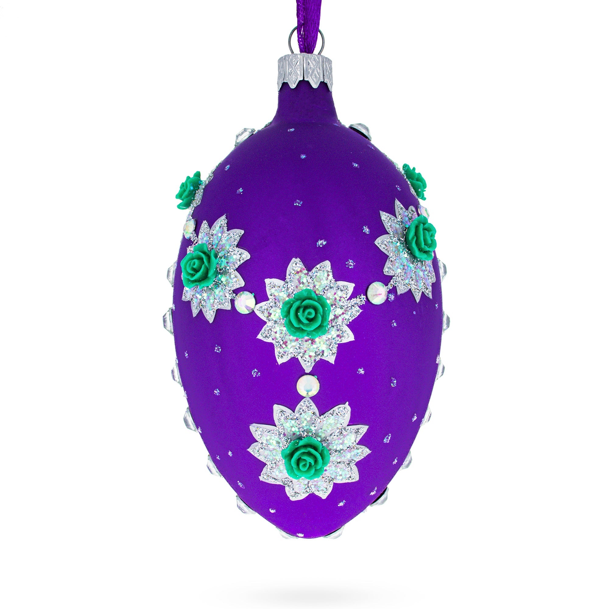 Milan Designer Intricate Jeweled Flower Necklace Glass Egg Christmas Ornament 4 Inches