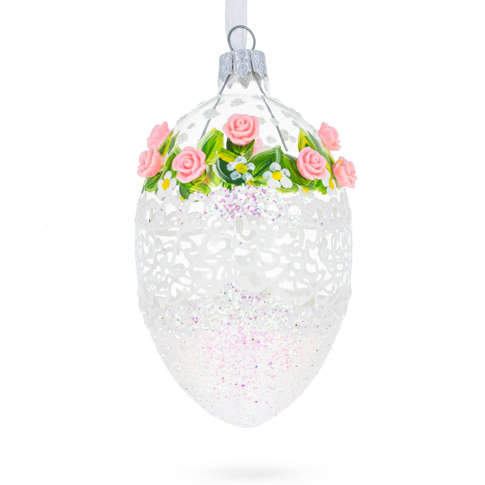 Jeweled Pink Roses Glass Egg Christmas Ornament 4 Inches