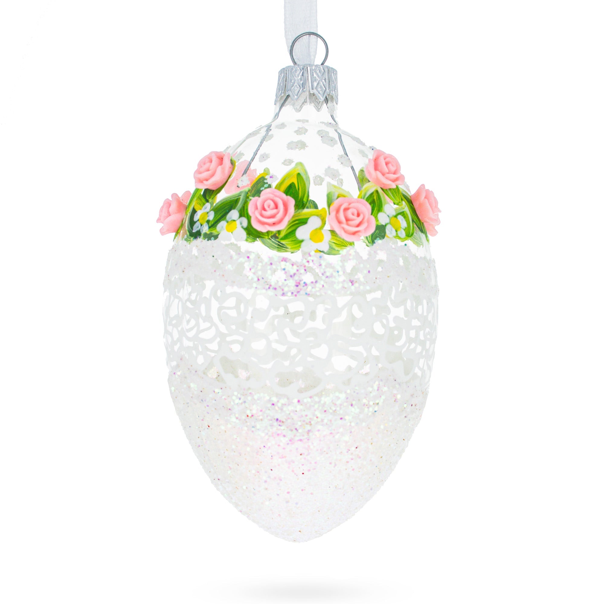 Jeweled Pink Roses Glass Egg Christmas Ornament 4 Inches