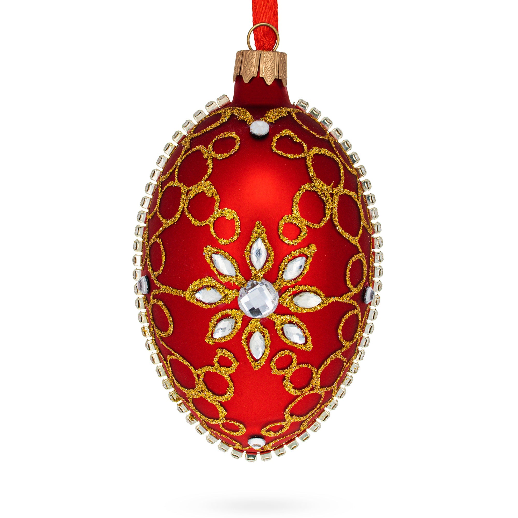 Diamond Star On Red Glass Egg Christmas Ornament 4 Inches