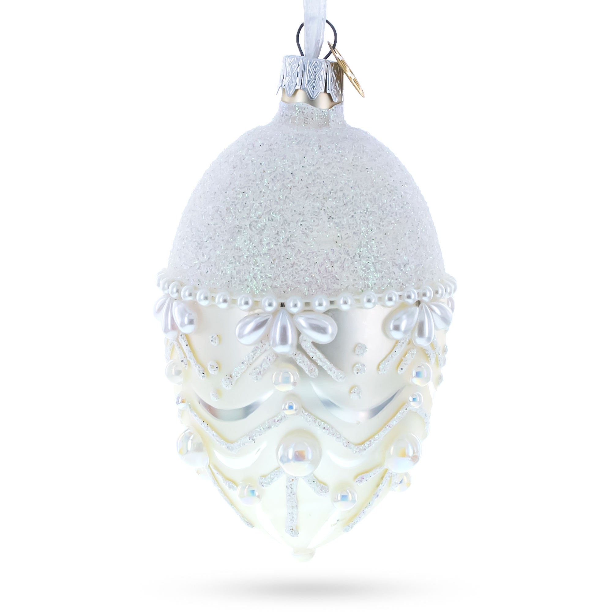 White Pearls On Frozen Glass Egg Christmas Ornament 4 Inches