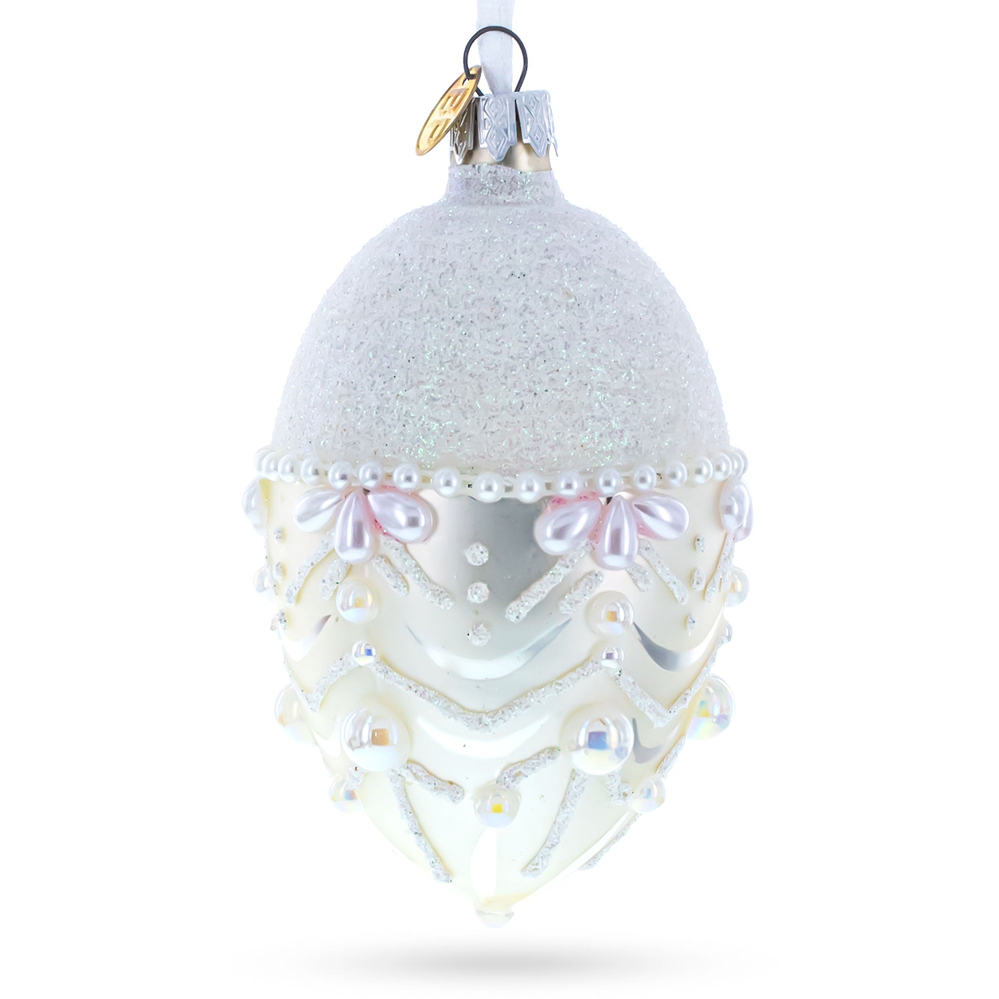 White Pearls On Frozen Glass Egg Christmas Ornament 4 Inches