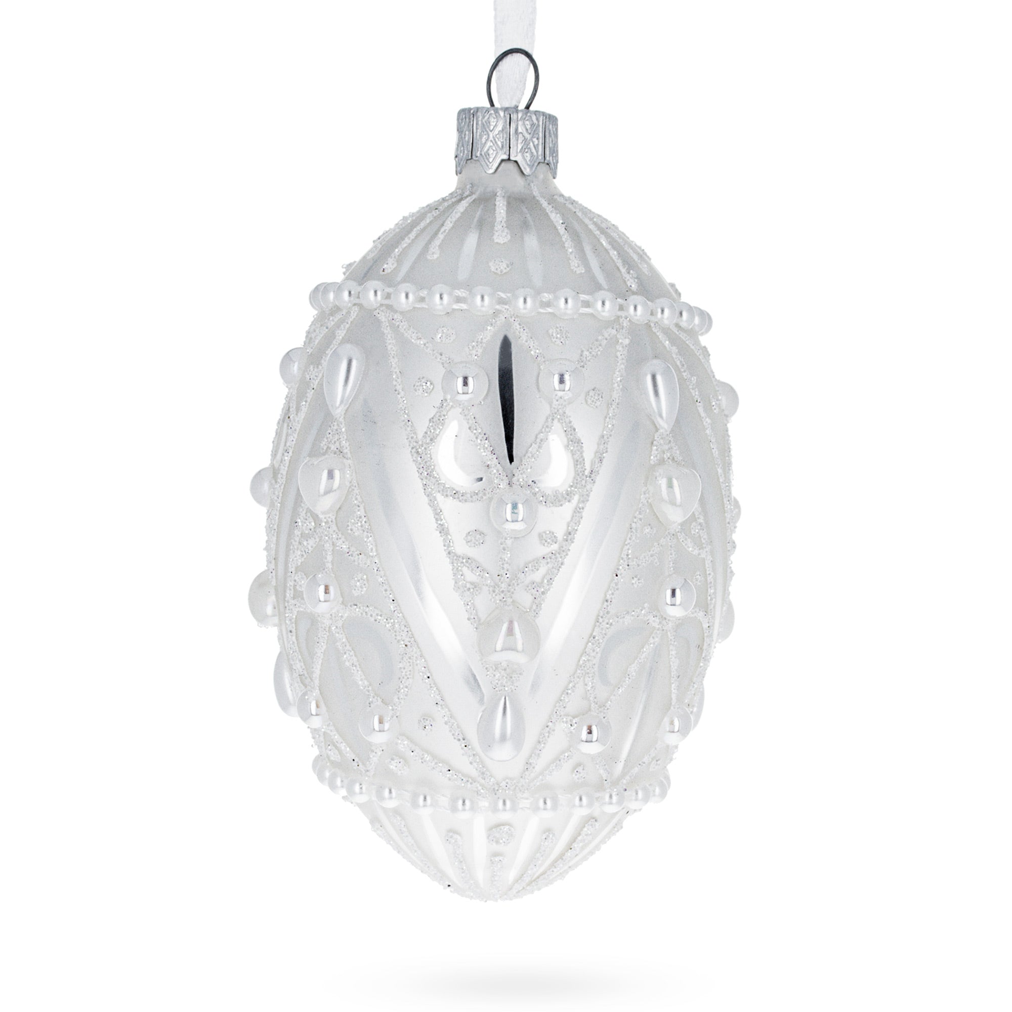 Pearlized Drops On White Glass Egg Christmas Ornament 4 Inches