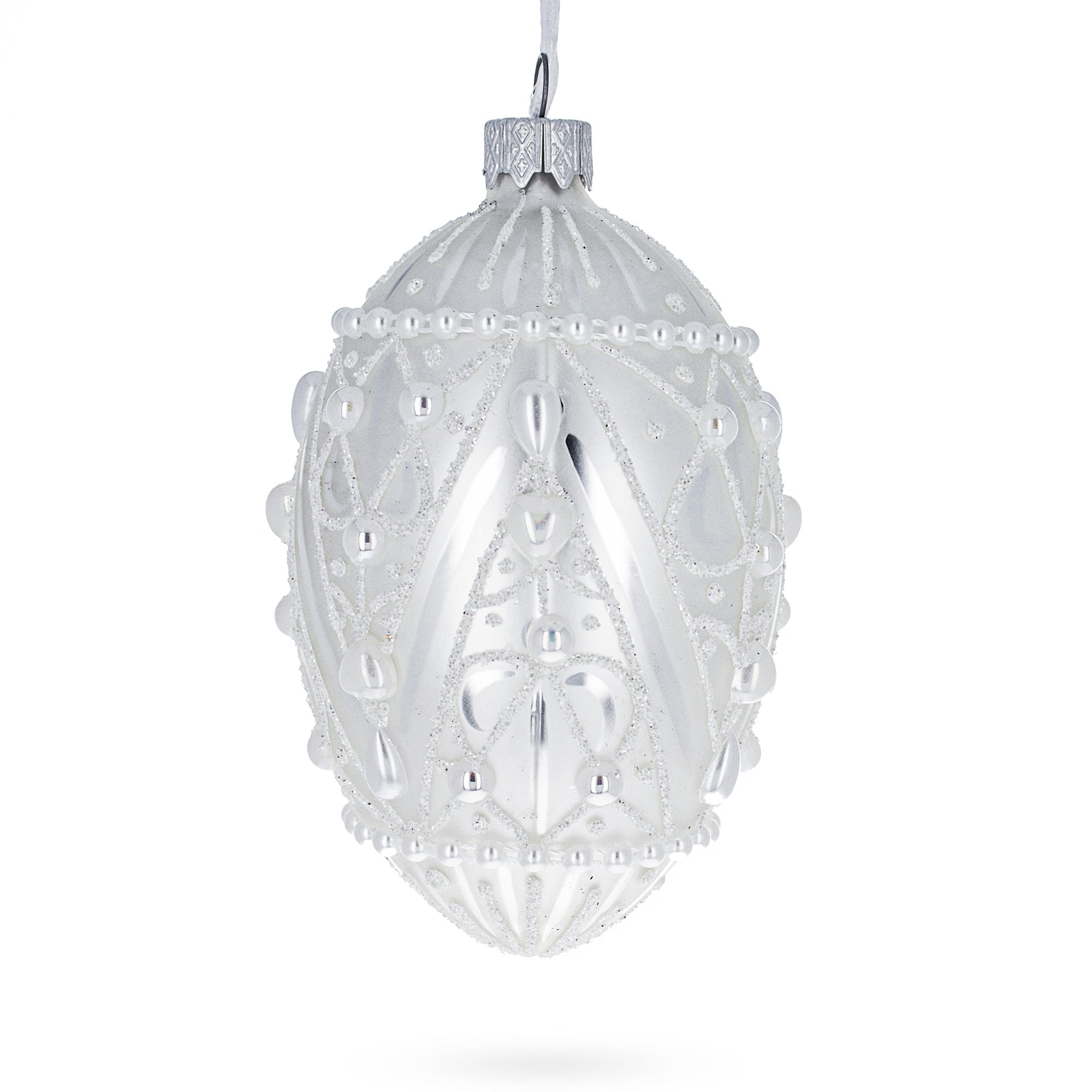 Pearlized Drops On White Glass Egg Christmas Ornament 4 Inches