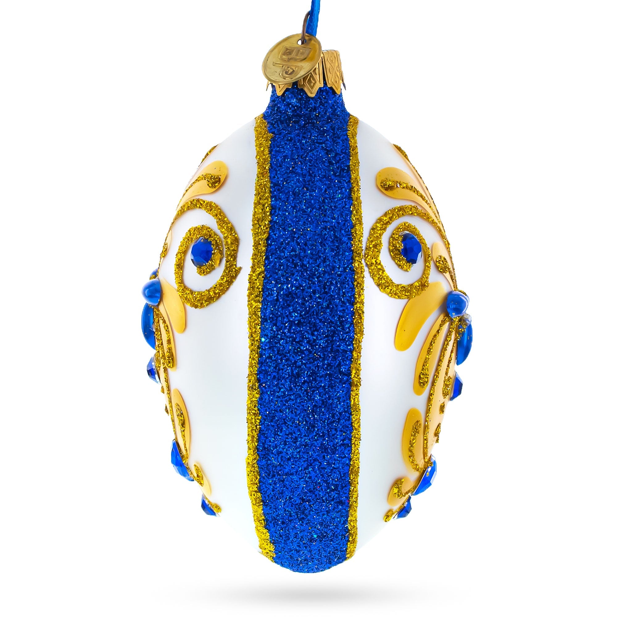 Bejeweled Gold On Blue Glass Egg Christmas Ornament 4 Inches