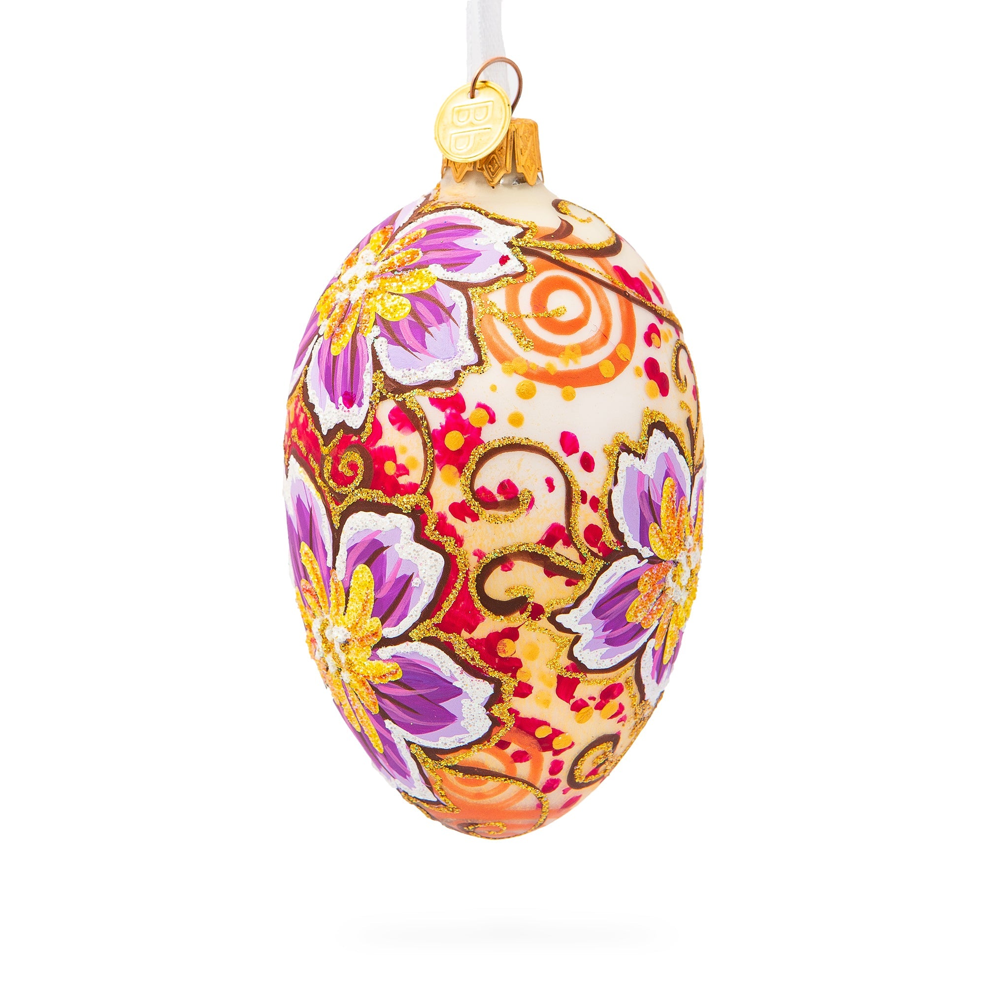 Purple Flowers Glass Egg Ornament 4 Inches