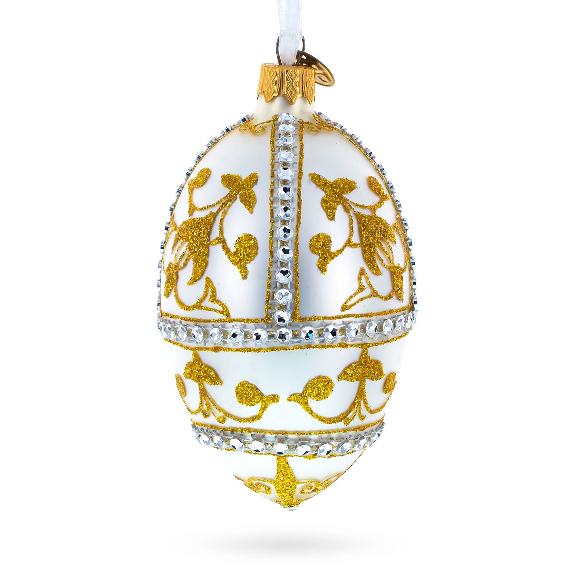 Jeweled Golden Chandelier On Silver Glass Egg Christmas Ornament 4 Inches