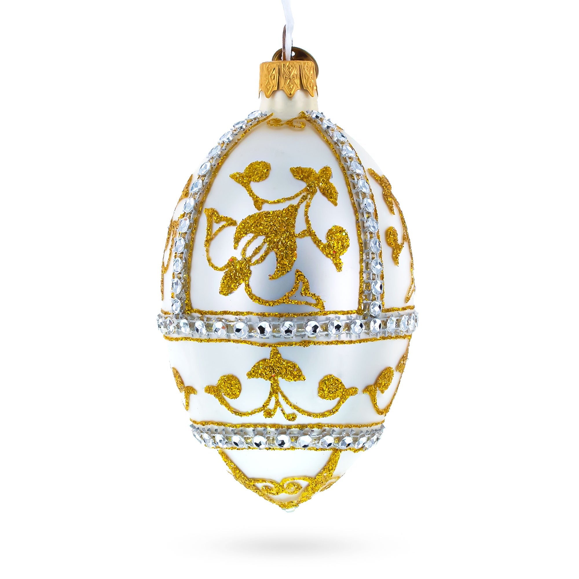 Jeweled Golden Chandelier On Silver Glass Egg Christmas Ornament 4 Inches