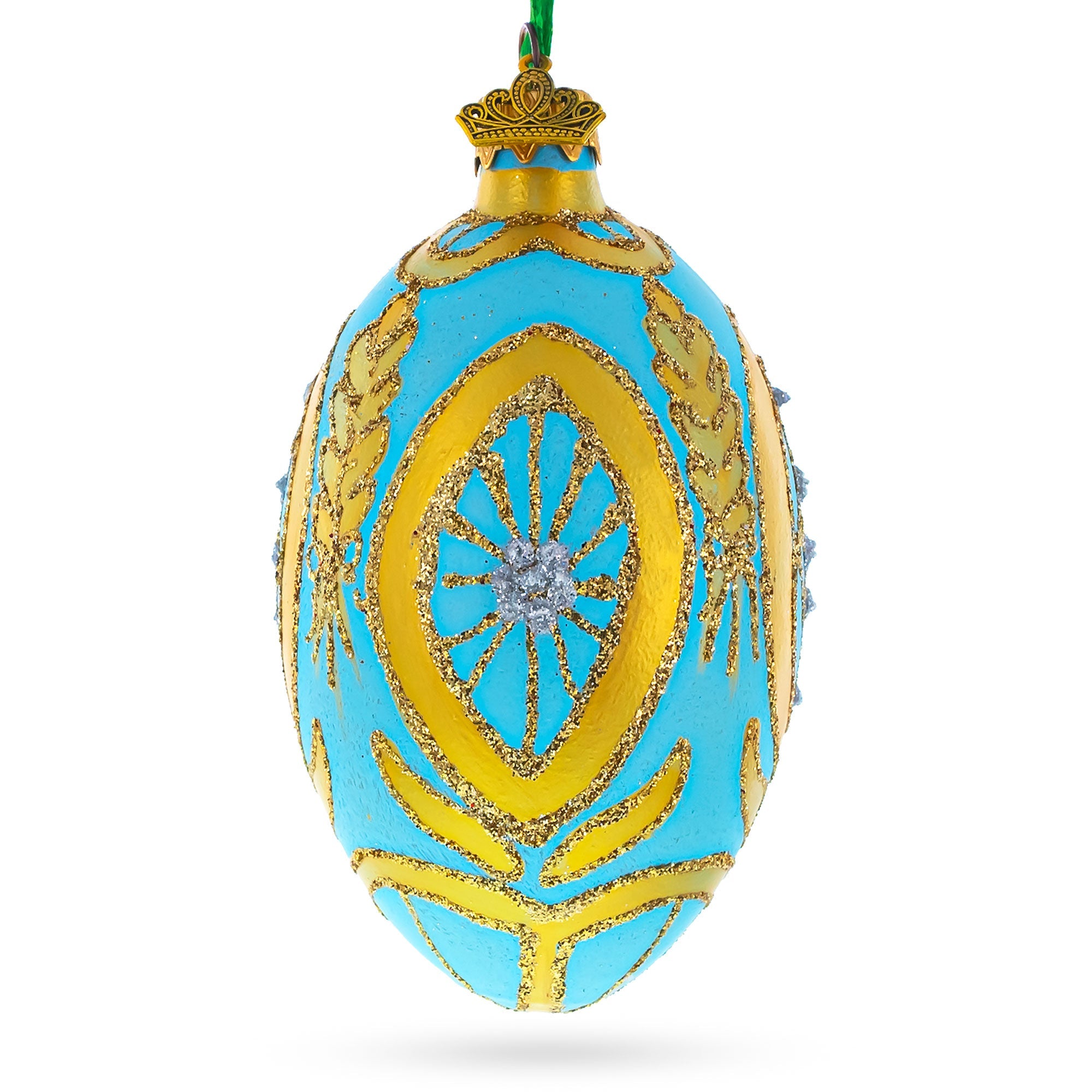 Golden Wheat On Turquoise Glass Egg Christmas Ornament 4 Inches