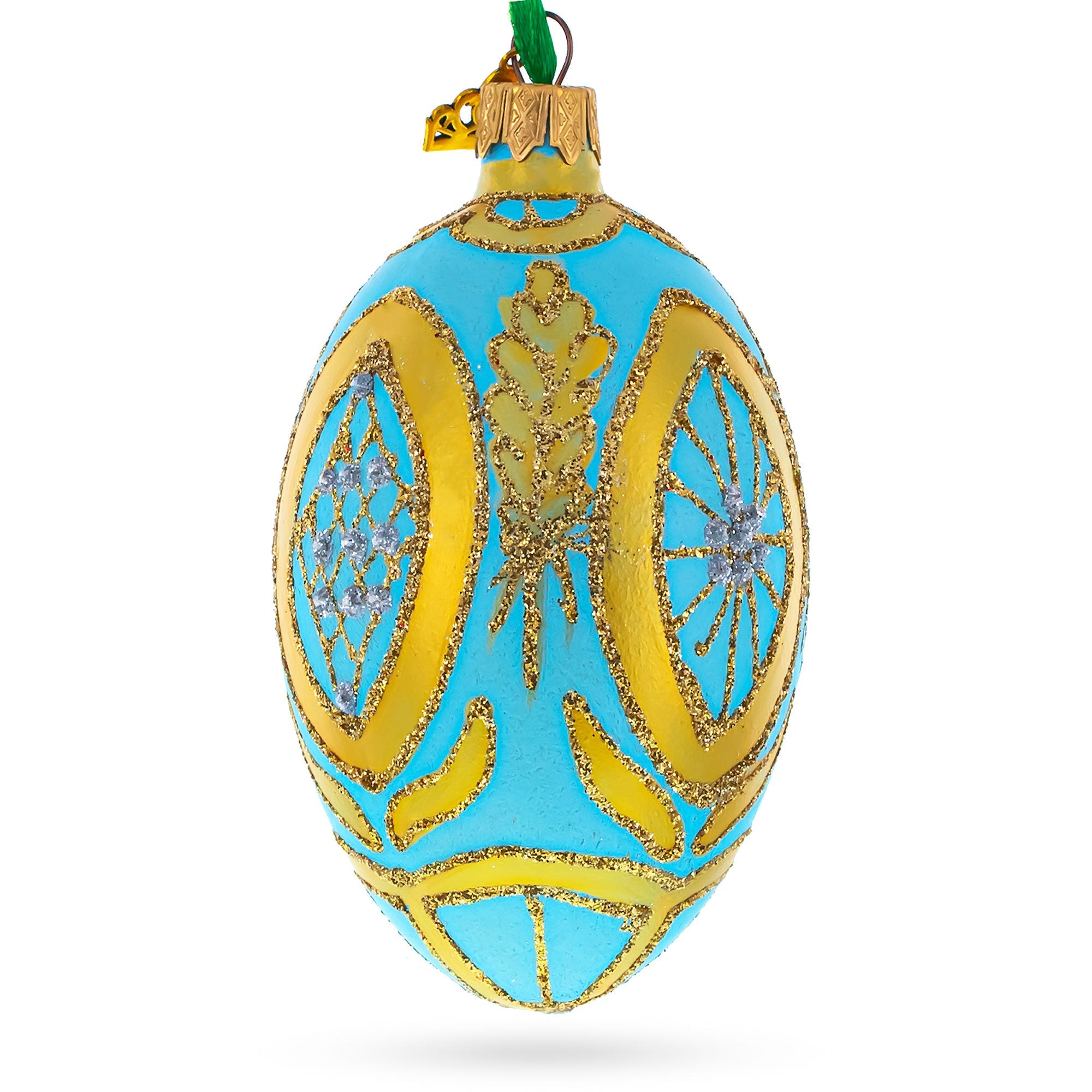 Golden Wheat On Turquoise Glass Egg Christmas Ornament 4 Inches