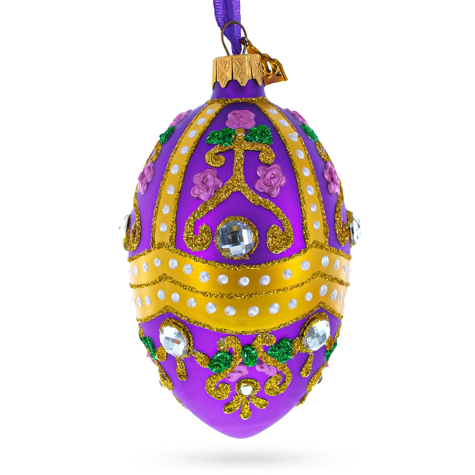 Jeweled Scrolls On Purple Glass Egg Christmas Ornament 4 Inches