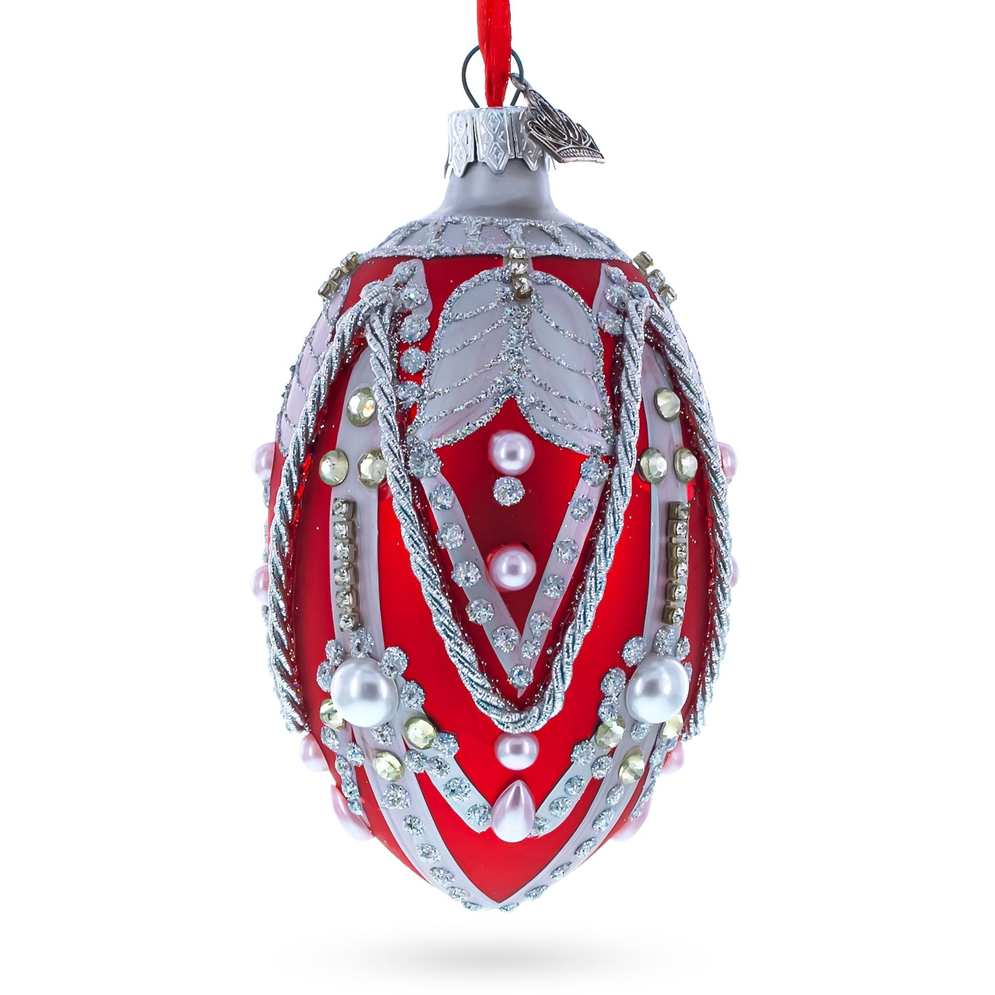 Silver Ropes On Red Glass Egg Christmas Ornament 4 Inches