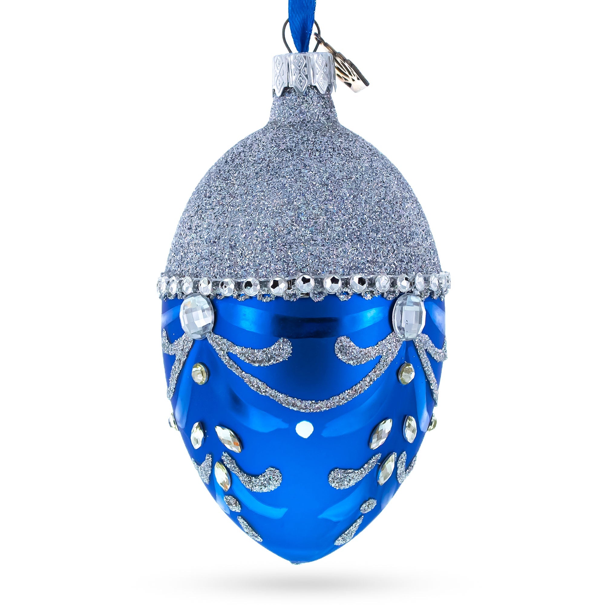 Glittered Silver Top Blue Bottom Glass Egg Christmas Ornament 4 Inches